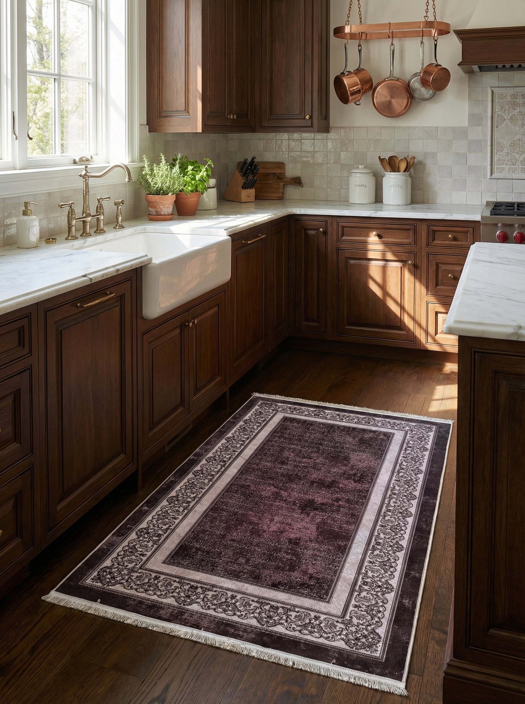 Tapis rectangulaire prune vieilli avec bordures beiges ornées de motifs floraux foncés, sur le parquet d'une cuisine