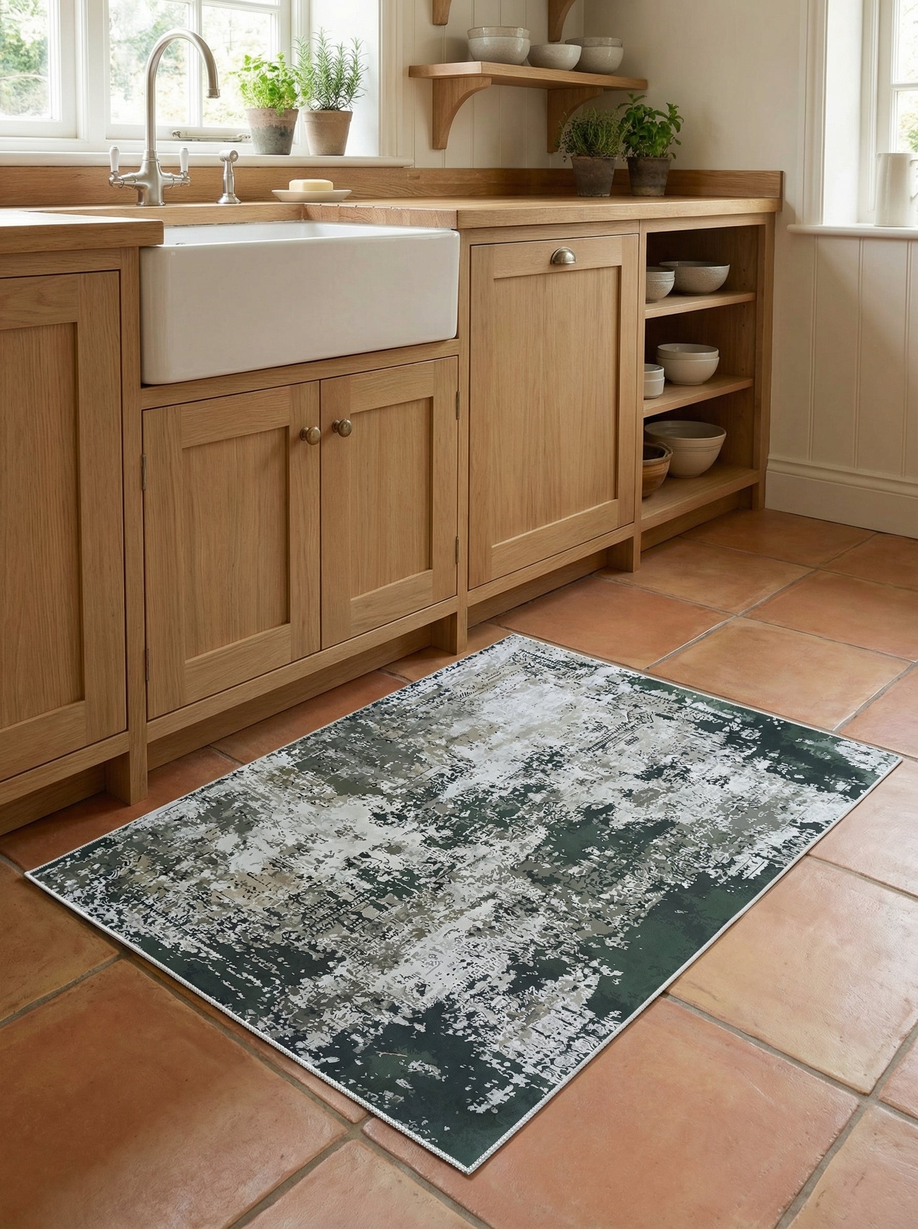 Tapis rectangulaire aux motifs abstraits et délavés en vert forêt, crème, gris et noir, dans une cuisine