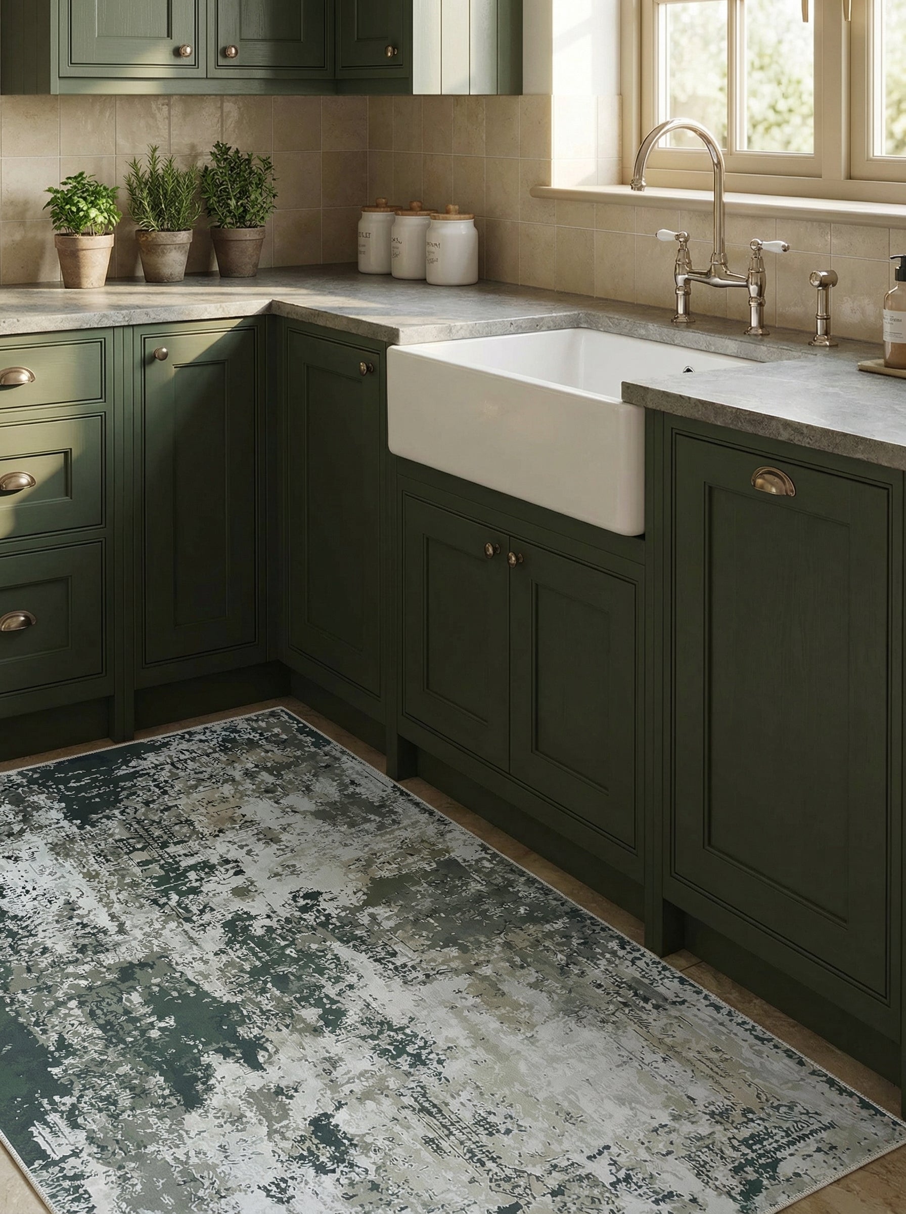 Tapis rectangulaire aux motifs abstraits mêlant vert forêt, gris anthracite, écru et beige, dans une cuisine aménagée
