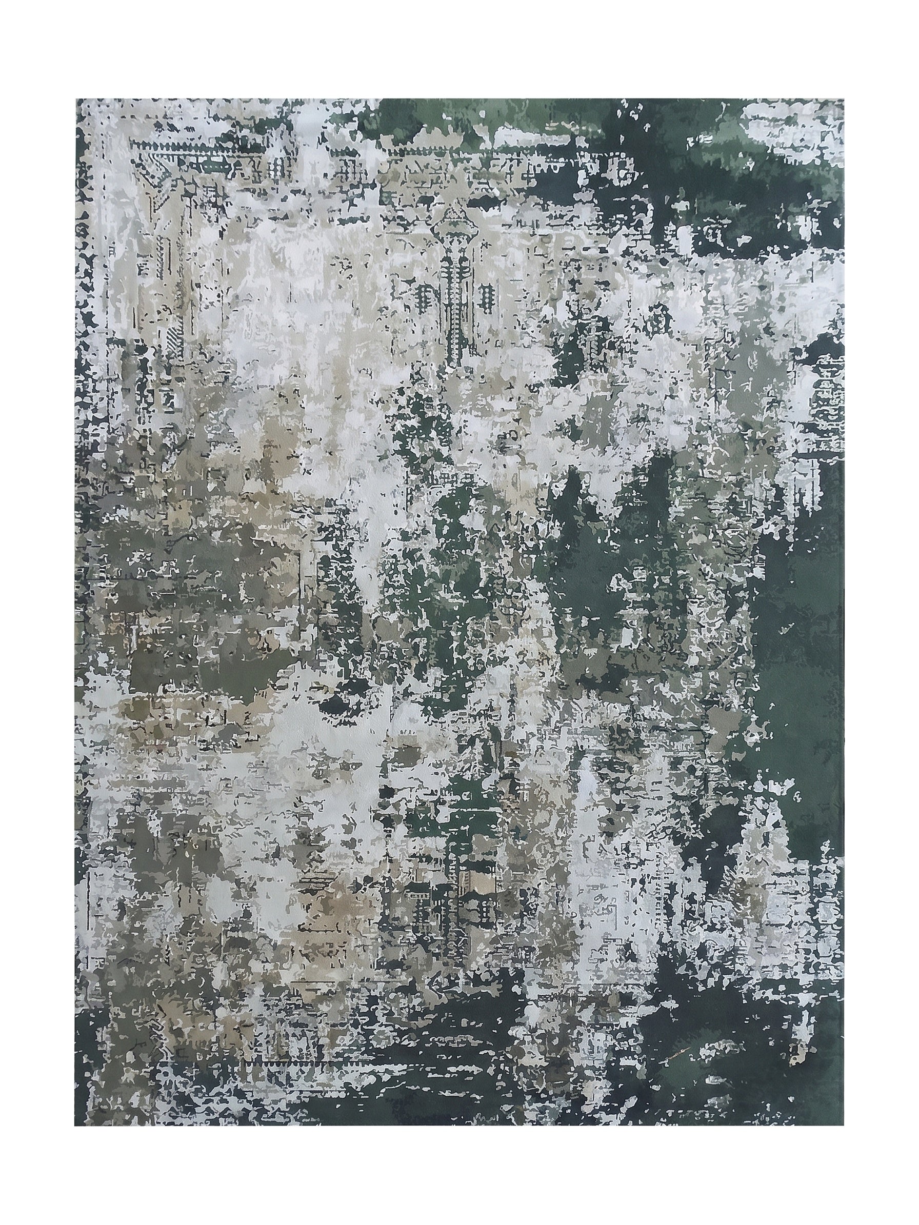 Tapis aux motifs abstraits et irréguliers, présentant des teintes de vert, gris, crème et blanc sur une surface texturée