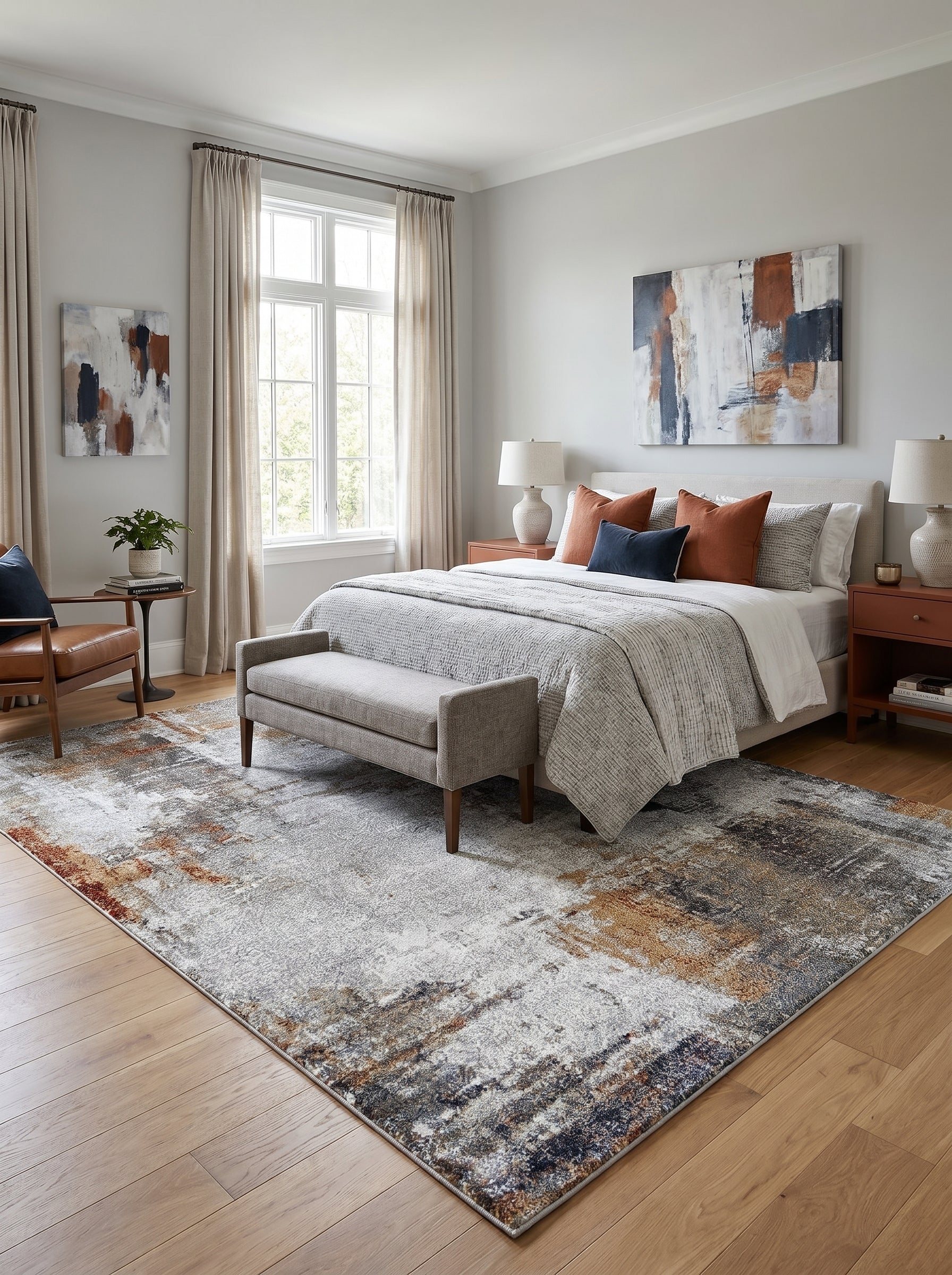 Tapis aux motifs abstraits gris, blanc, rouille et bleu foncé sur parquet en bois clair en chambre