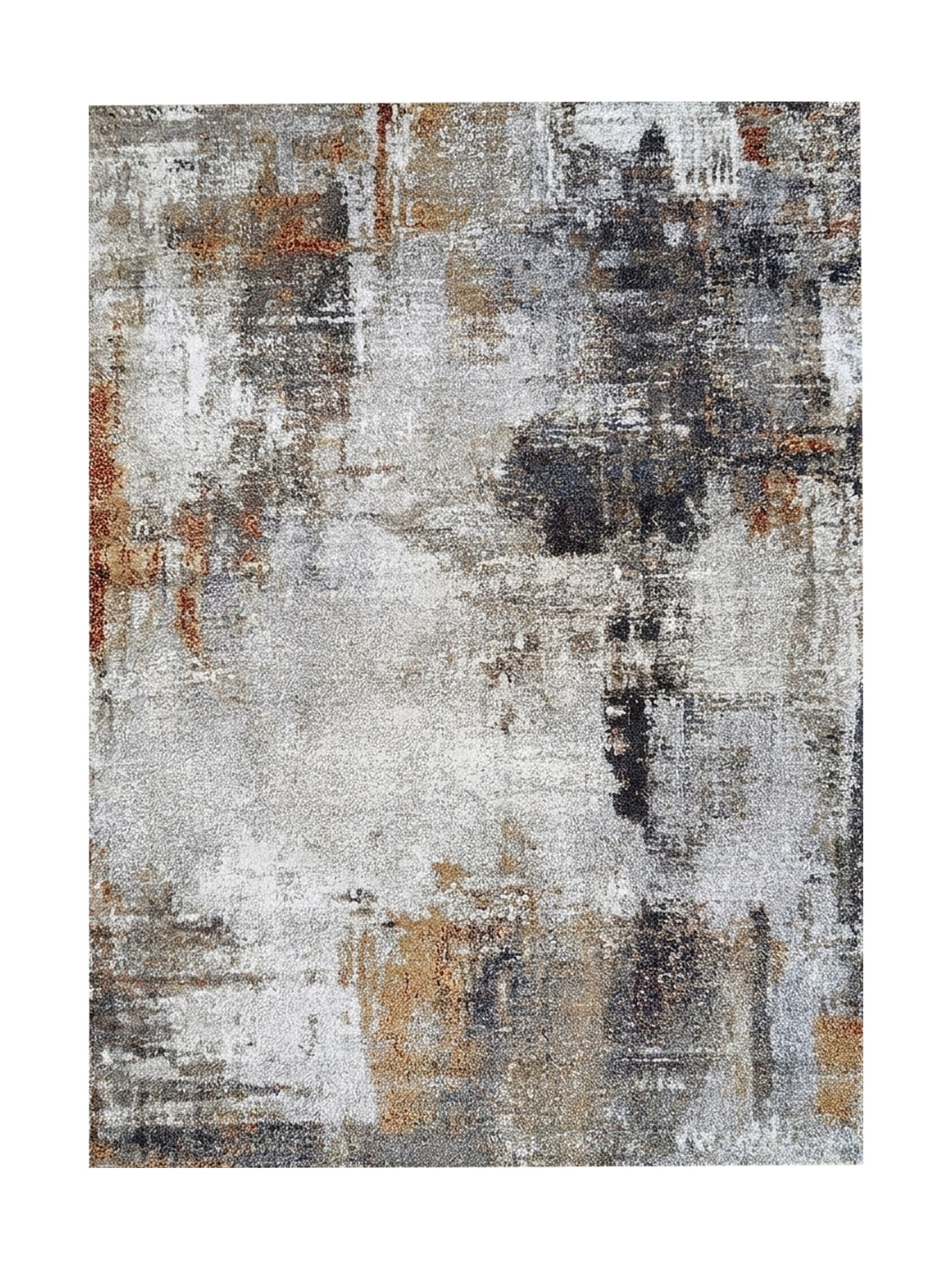 Tapis aux motifs abstraits et texturés de gris, noir, blanc et orange rouille, rappelant un effet brossé