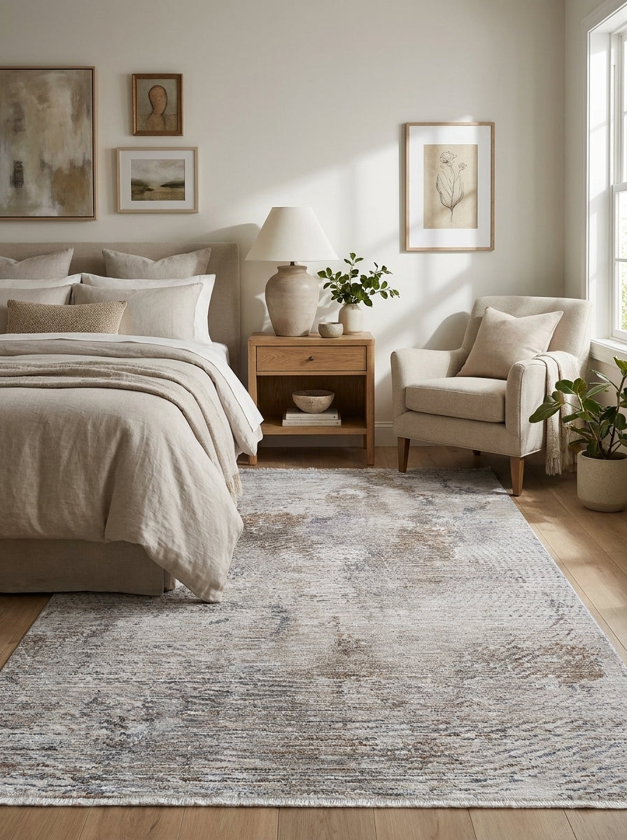 Tapis rectangulaire aux motifs abstraits effet usé gris clair, marron et bleu foncé, dans une chambre