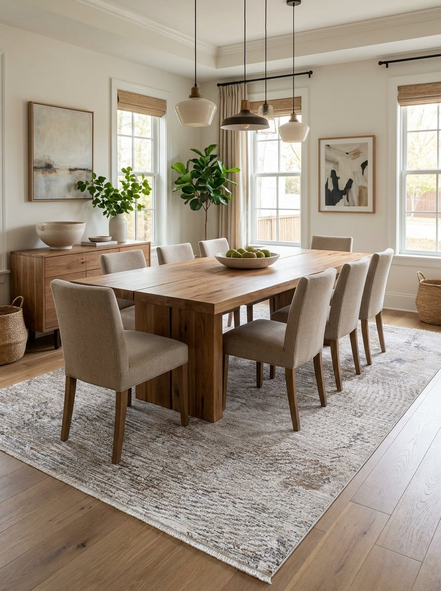 Tapis rectangulaire crème à motifs abstraits gris et marron, à l'aspect texturé, dans une salle à manger