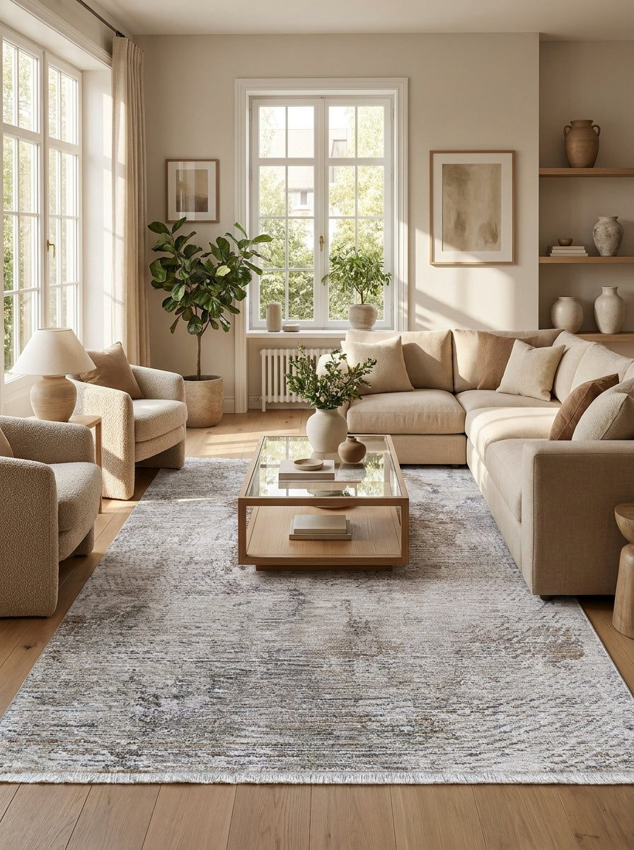 Tapis rectangulaire blanc cassé et gris aux motifs abstraits délavés avec franges, au sol d'un salon lumineux et moderne