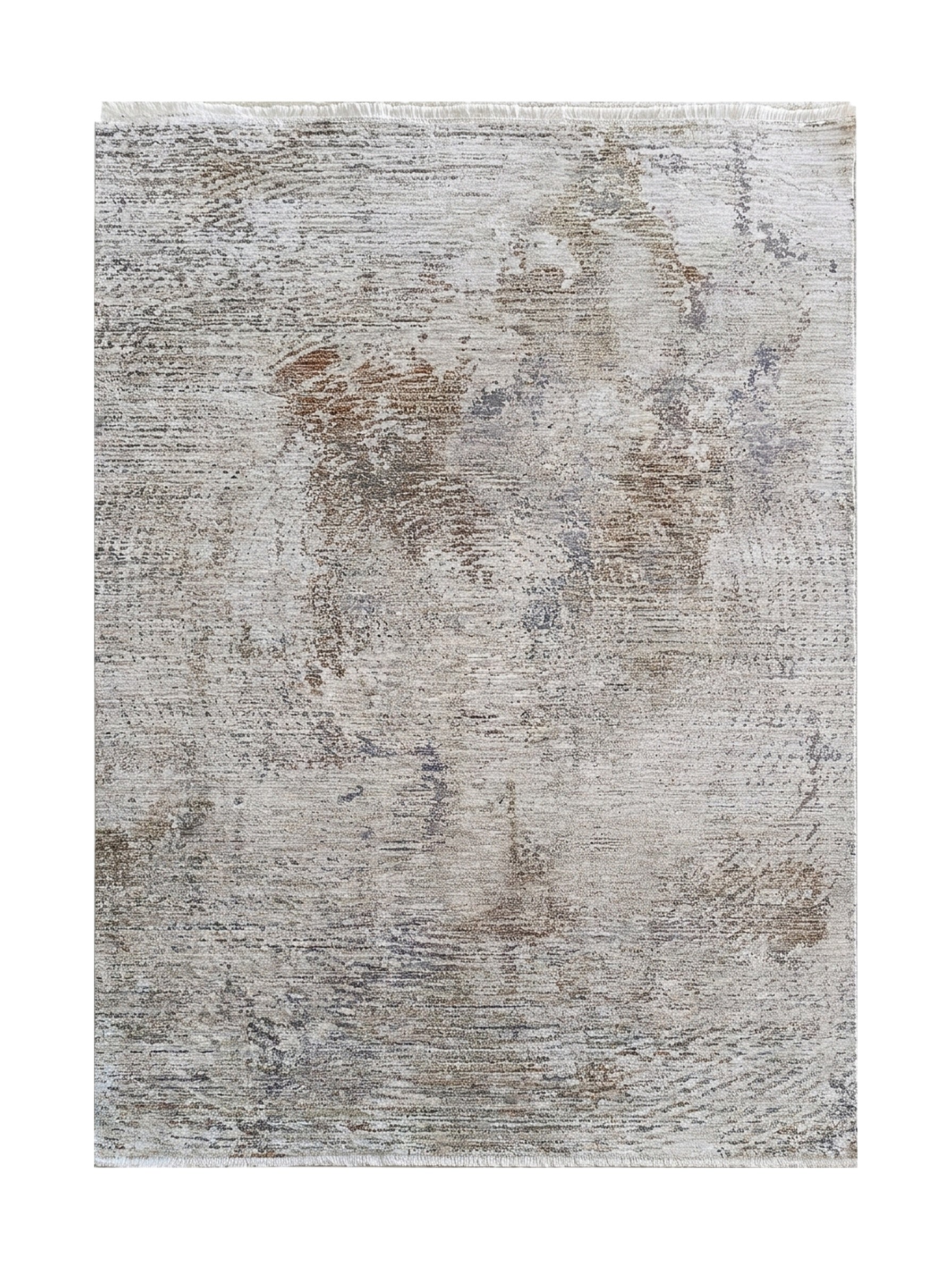 Tapis tissé rectangulaire aux motifs abstraits et vieillis, mêlant du beige, du marron et du gris, bordé de franges