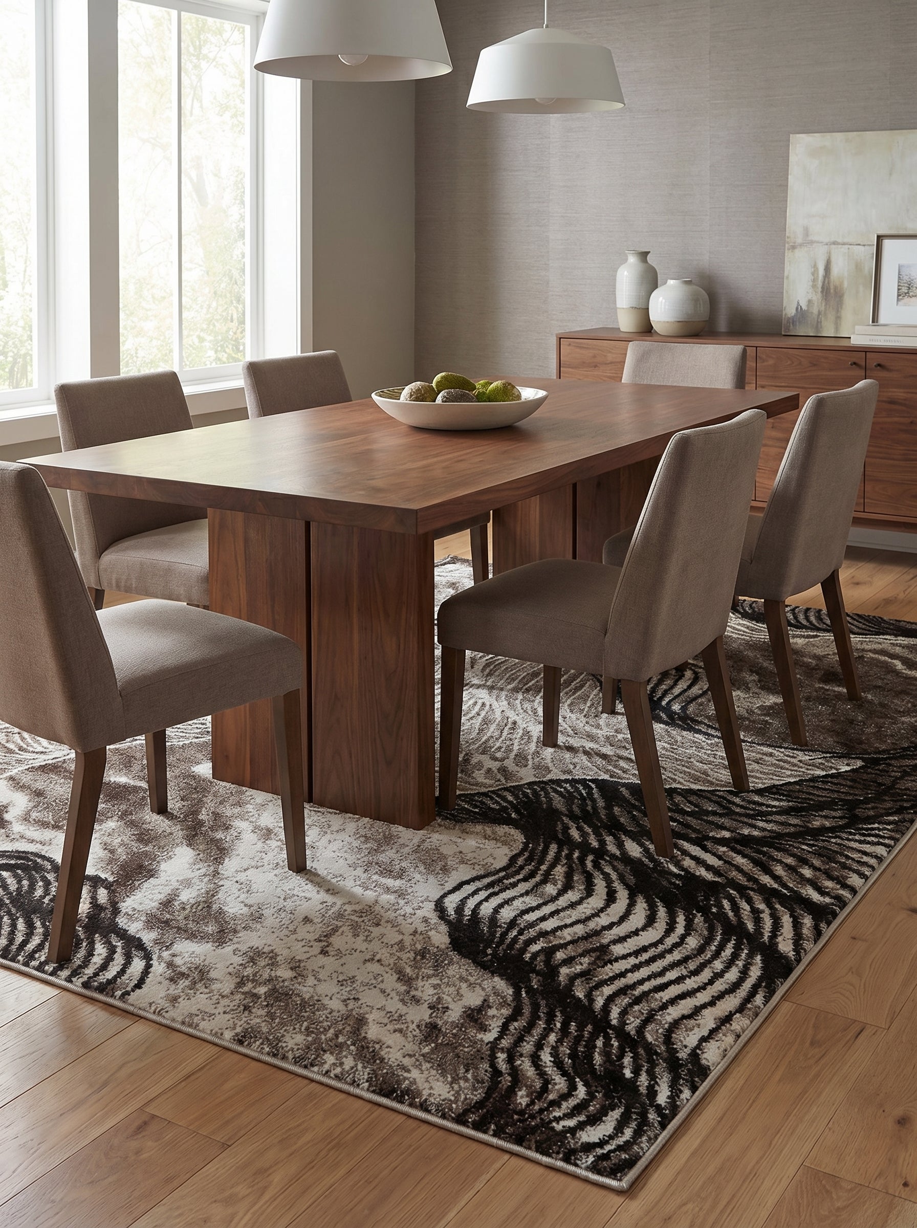 Tapis rectangulaire aux motifs abstraits de vagues noires et beiges, avec des touches marron, posé dans une salle à manger