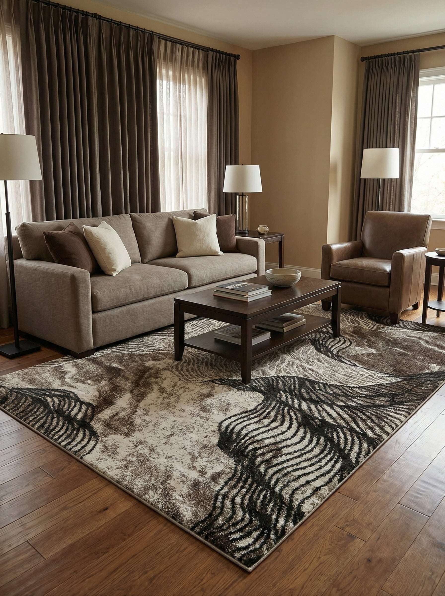 Tapis rectangulaire beige et marron clair avec de larges motifs abstraits sombres en forme de vagues, posé dans un salon