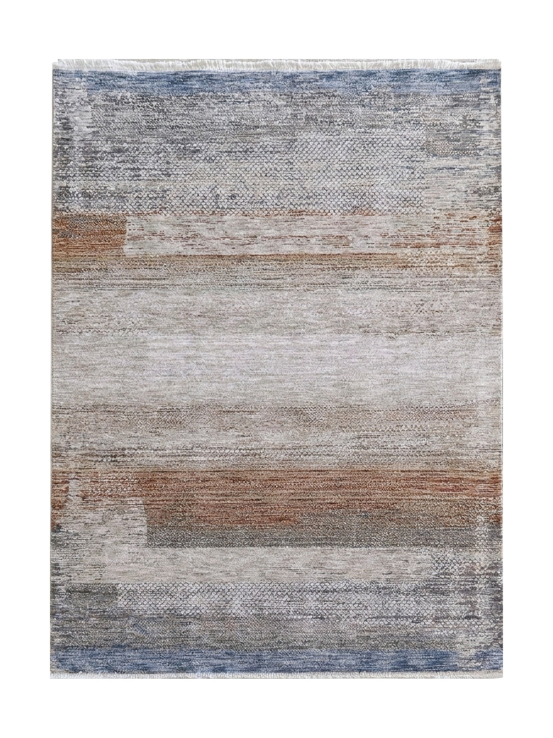 Tapis aux bandes abstraites texturées gris, beige, bleu, rouille, à franges