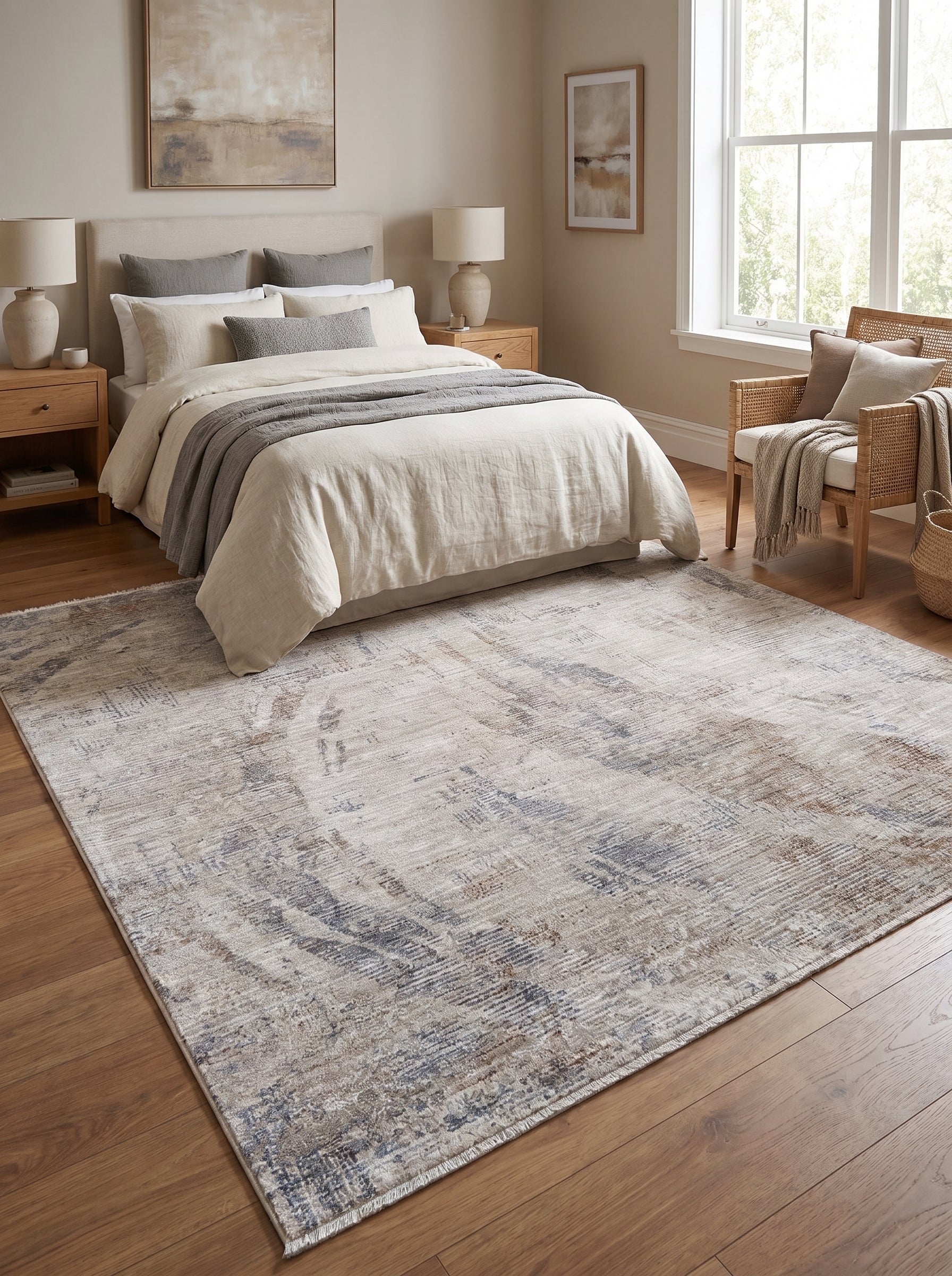 Grand tapis rectangulaire crème à motifs abstraits délavés bleus et terreux, posé sur un parquet dans une chambre