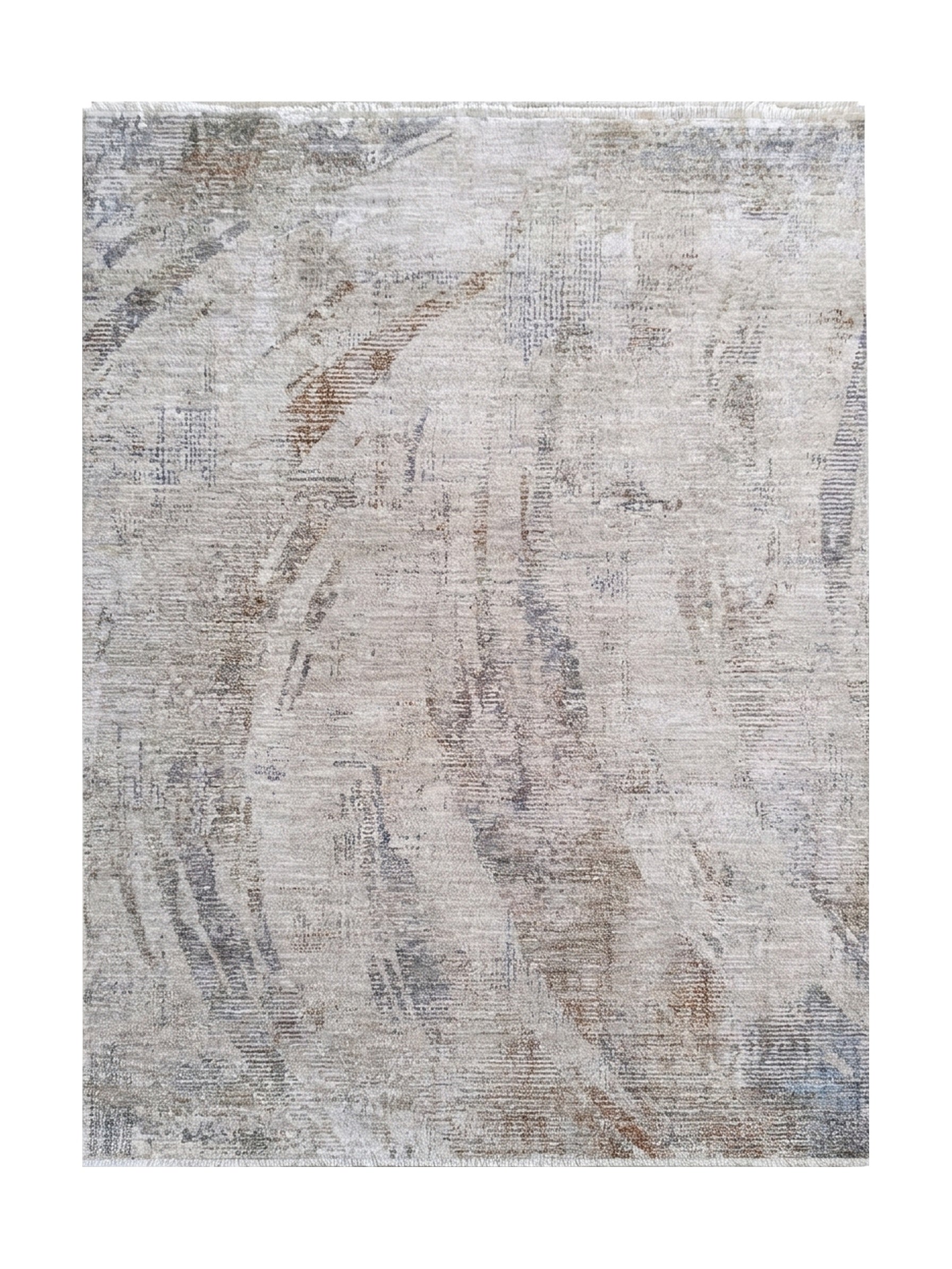 Tapis clair aux motifs abstraits d'aspect vieilli, mêlant des teintes de beige, gris, marron et bleu foncé