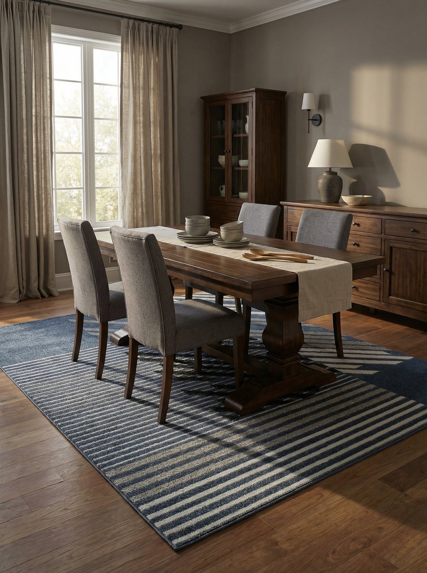 Tapis rectangulaire tissé, aux rayures horizontales bleu marine et blanc cassé, avec une section unie bleue, dans une salle à manger