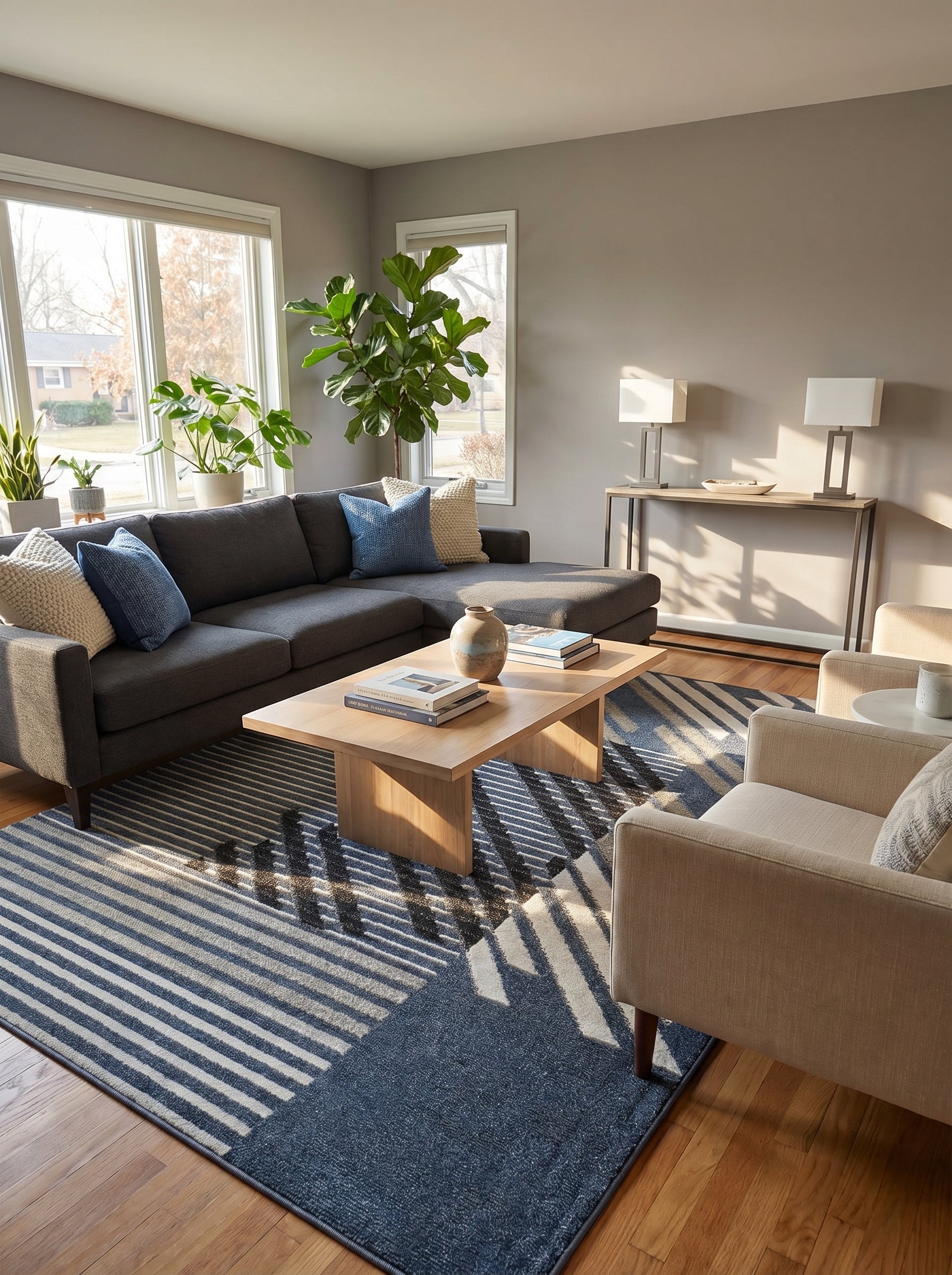 Tapis rectangulaire aux motifs géométriques bleu, gris clair et foncé, posé sur parquet clair dans un salon moderne