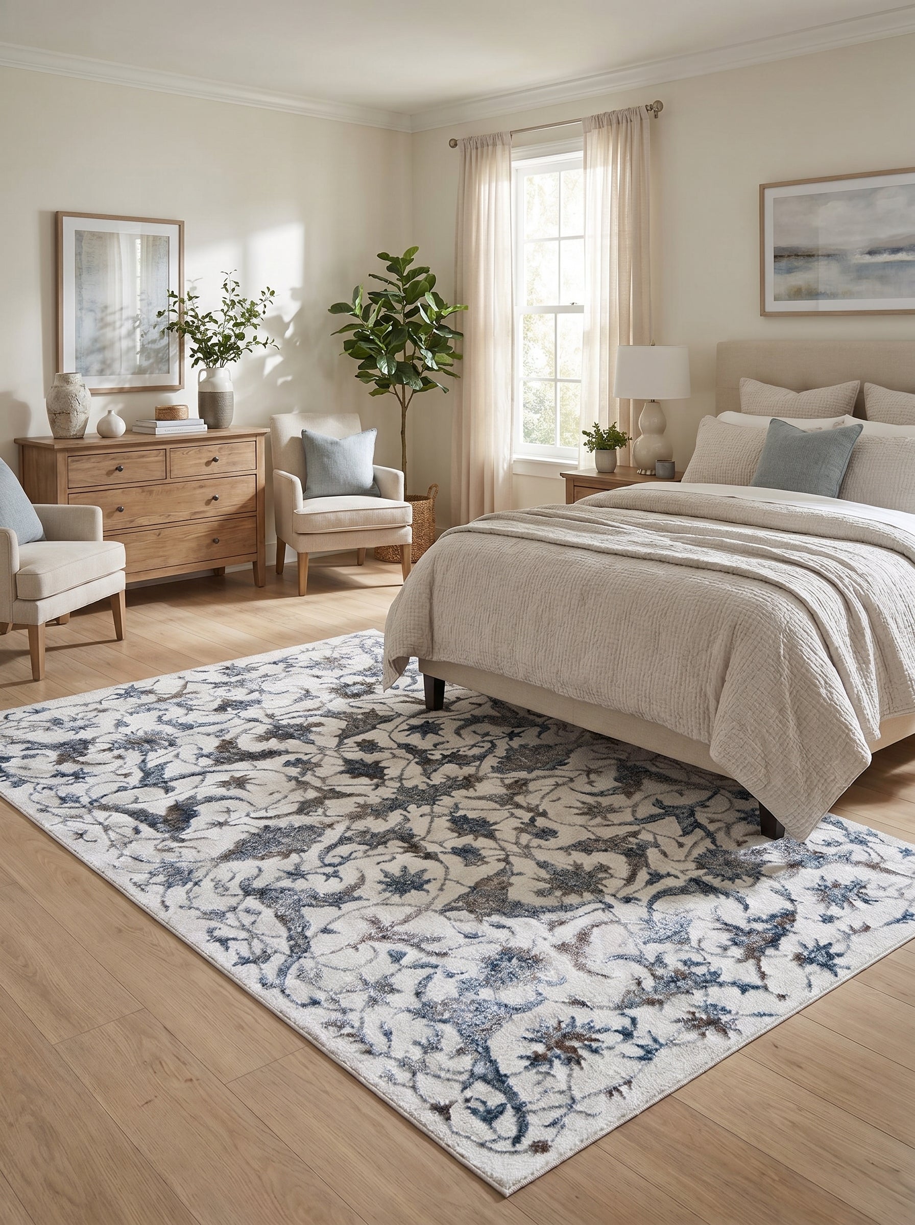 Tapis rectangulaire blanc crème orné de motifs floraux stylisés bleu et brun, sur un parquet en bois clair dans une chambre