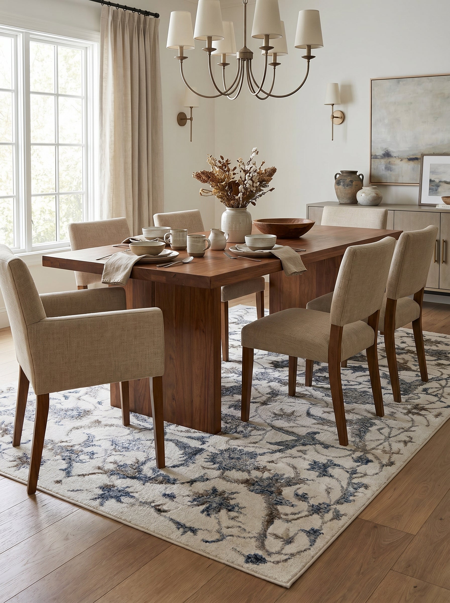 Tapis rectangulaire à fond crème avec des motifs floraux abstraits en bleu et marron, posé sous une table de salle à manger