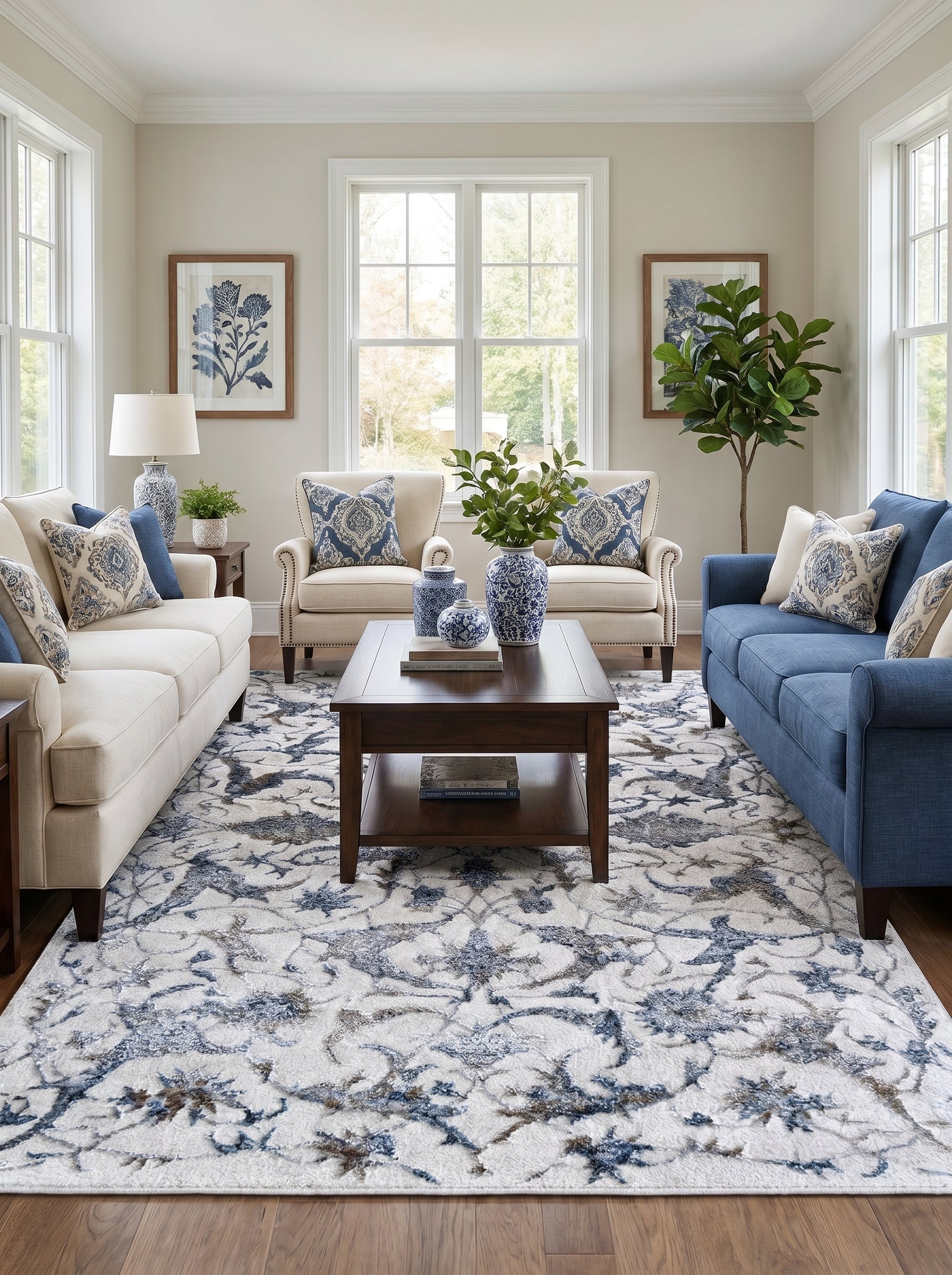 Tapis rectangulaire doux crème à motifs floraux et organiques bleus, gris et bruns délavés, dans un salon lumineux