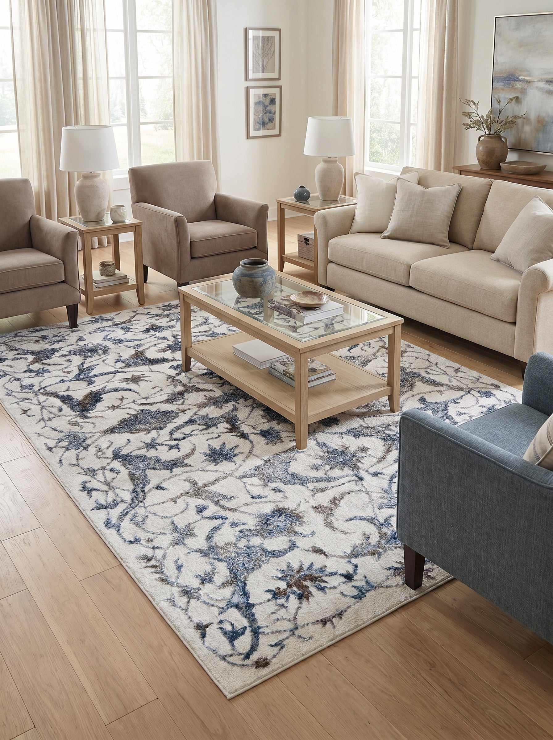 Tapis rectangulaire blanc cassé à motifs floraux et abstraits bleus et bruns, posé sur un parquet clair dans un salon