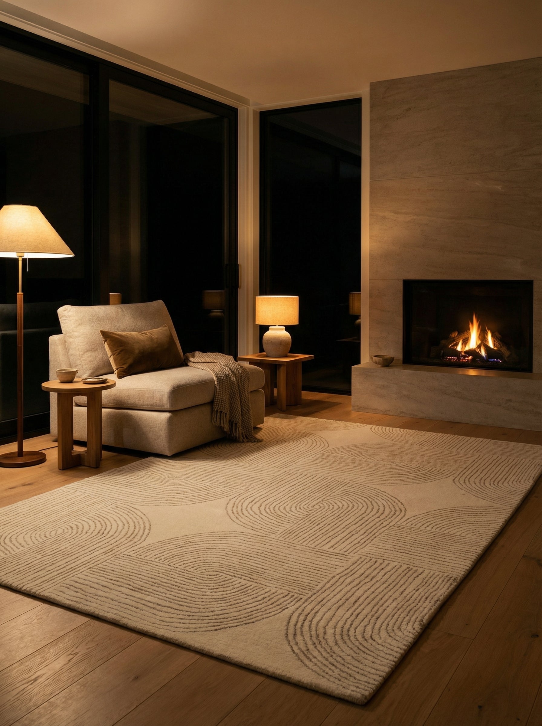 Tapis beige dans une pièce chaleureuse, éclairage doux du soir, motifs ronds