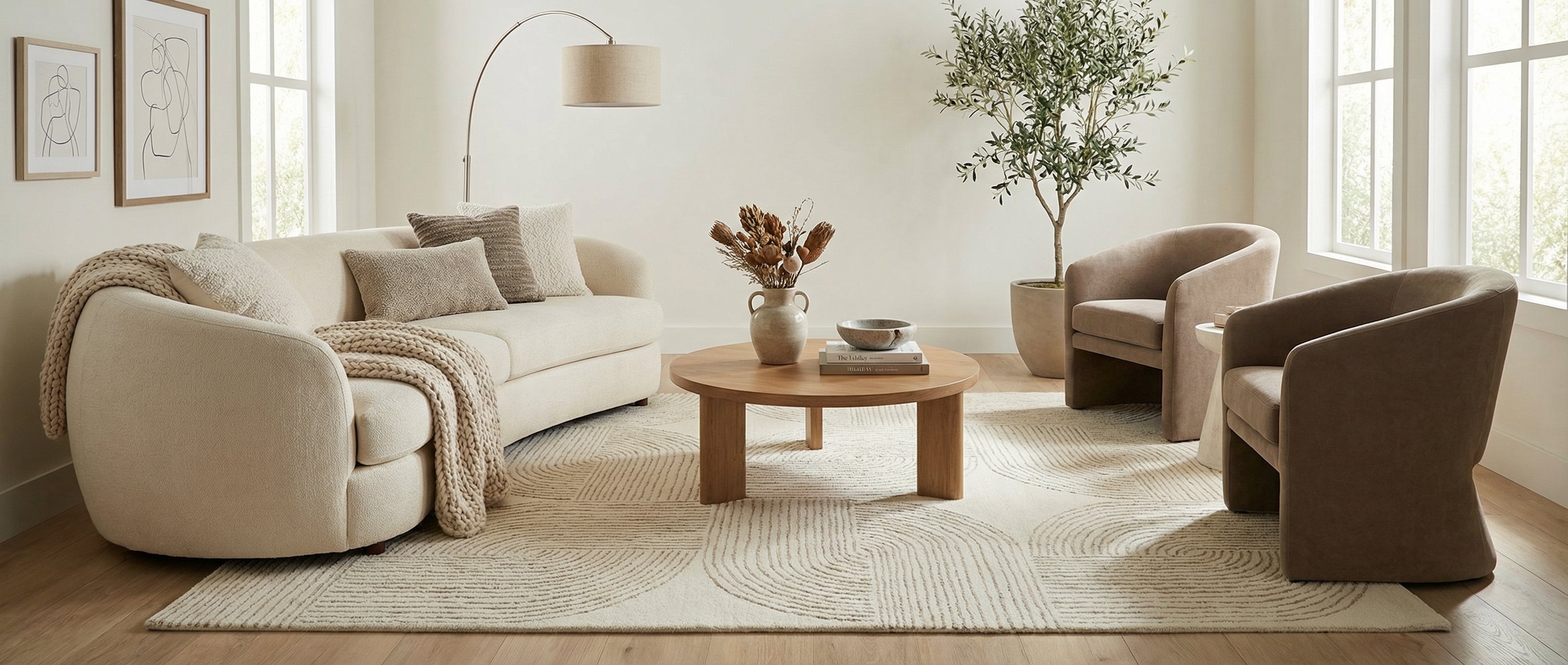 La pièce est transformée par le tapis beige, de type ovale, en laine