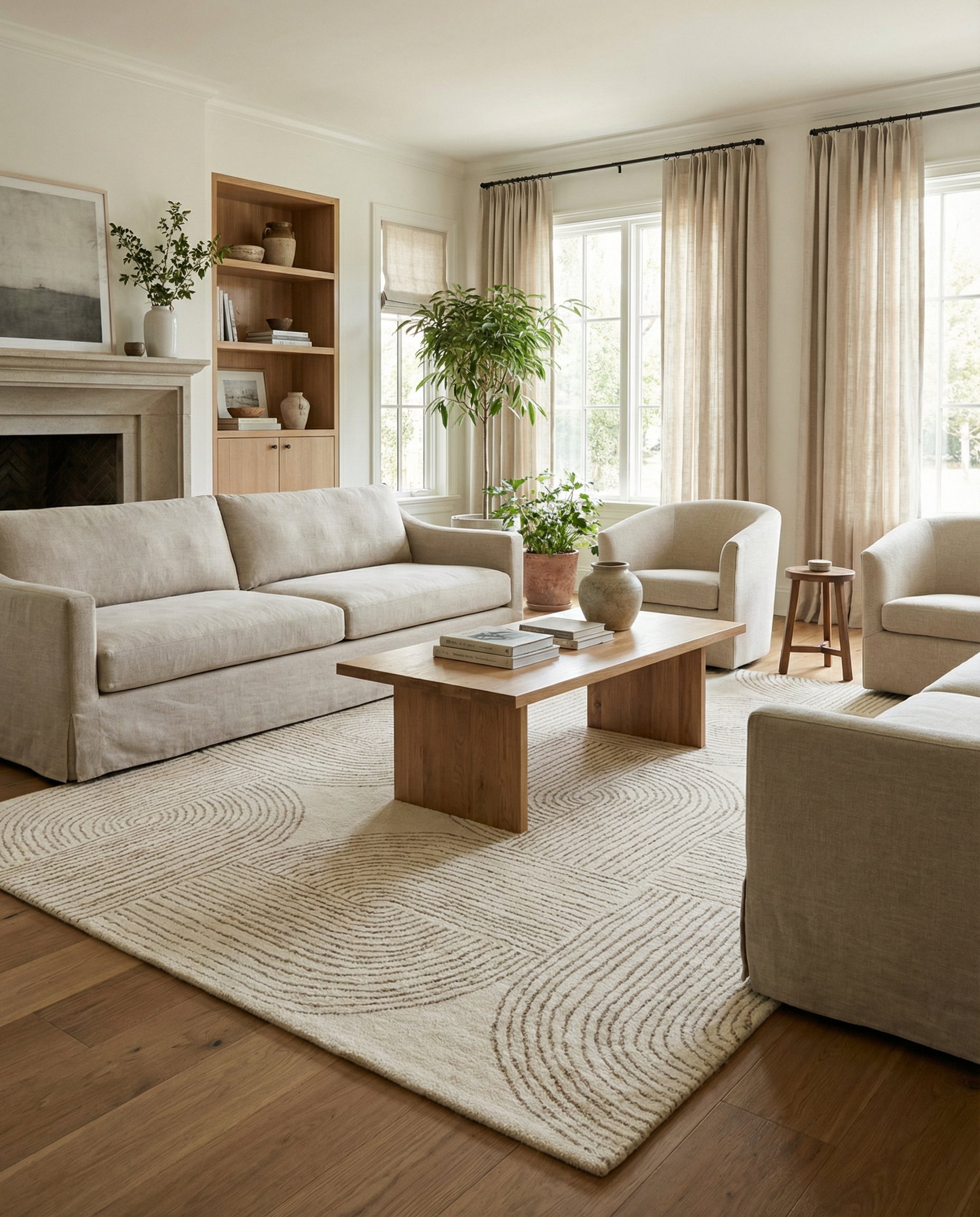 Tapis beige, motifs ovales et rectangulaires, harmonie avec la pièce