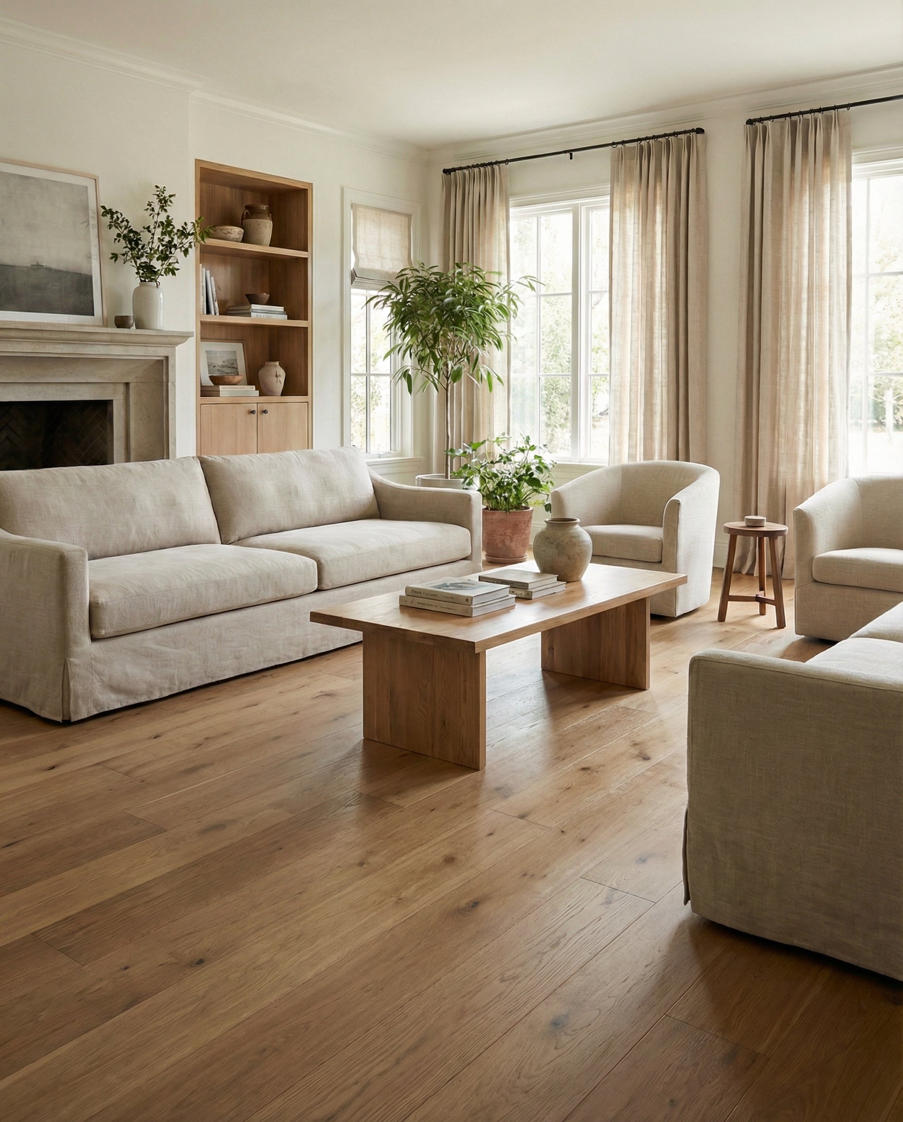 Potentiel pour un tapis rond ou ovale beige dans cette pièce