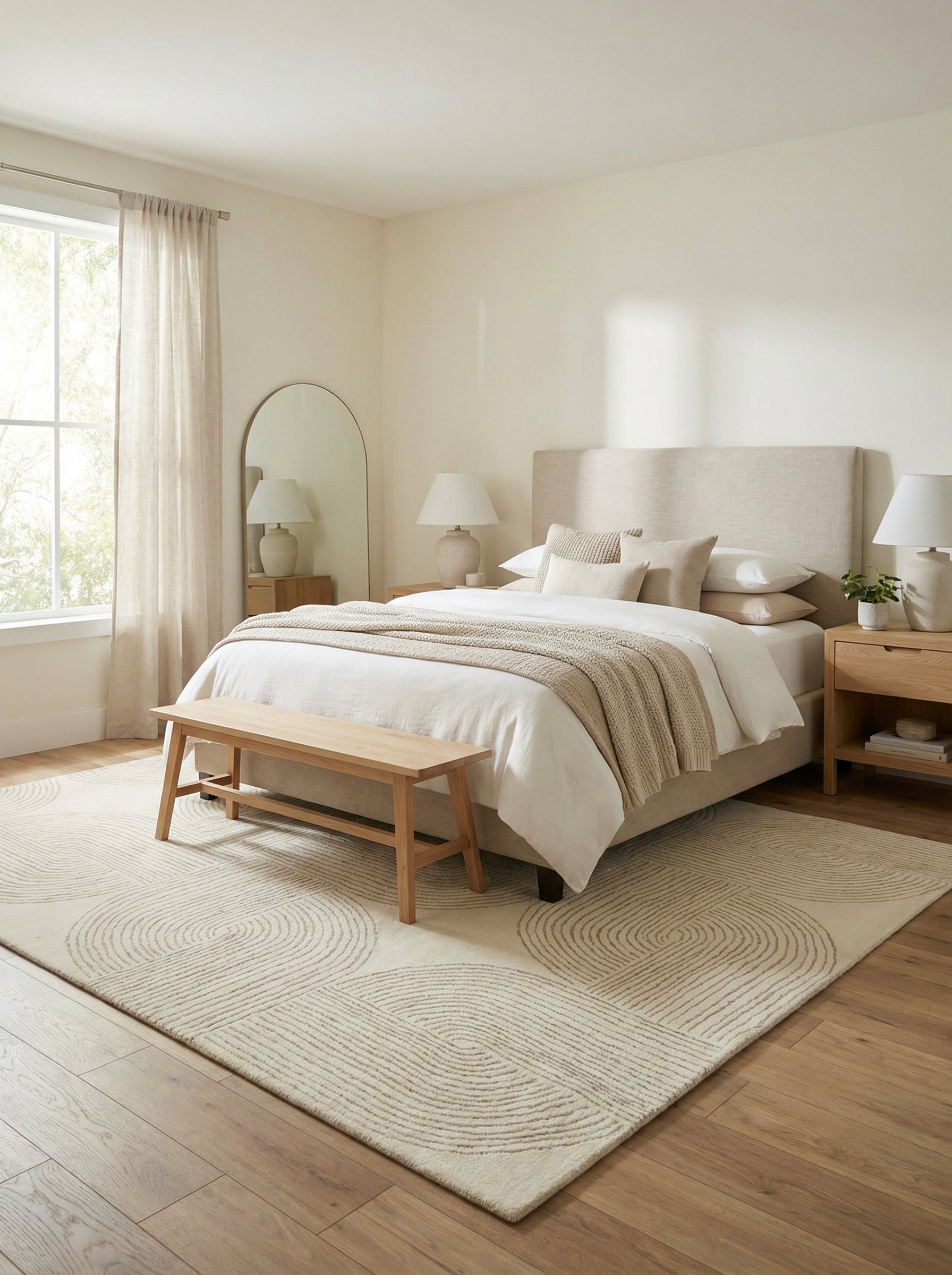 Tapis beige clair, motifs ronds, dans une chambre. Ambiance apaisante. Type tapis en laine