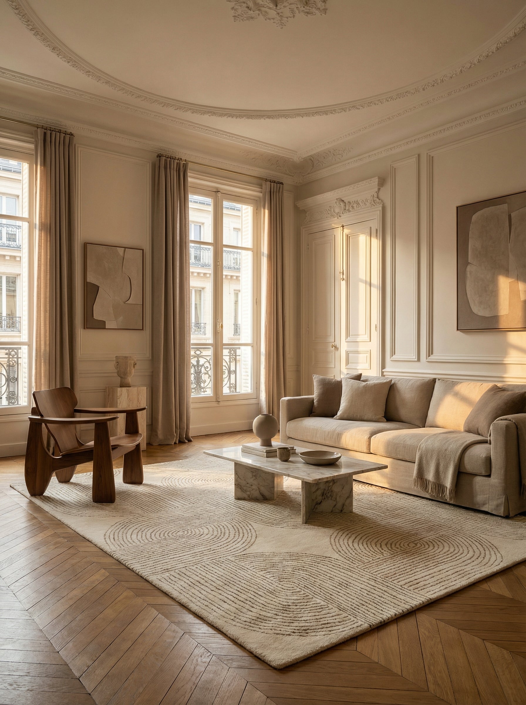 Tapis beige, motifs ronds, laine, pièce élégante classique dans un intérieur haussmannien