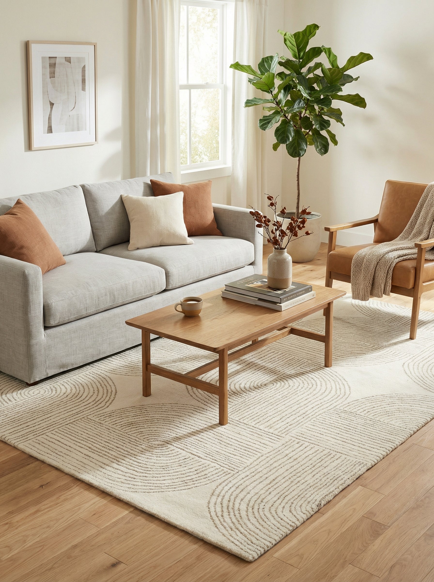 Tapis en laine beige, design épuré, motifs circulaires, harmonie dans la pièce