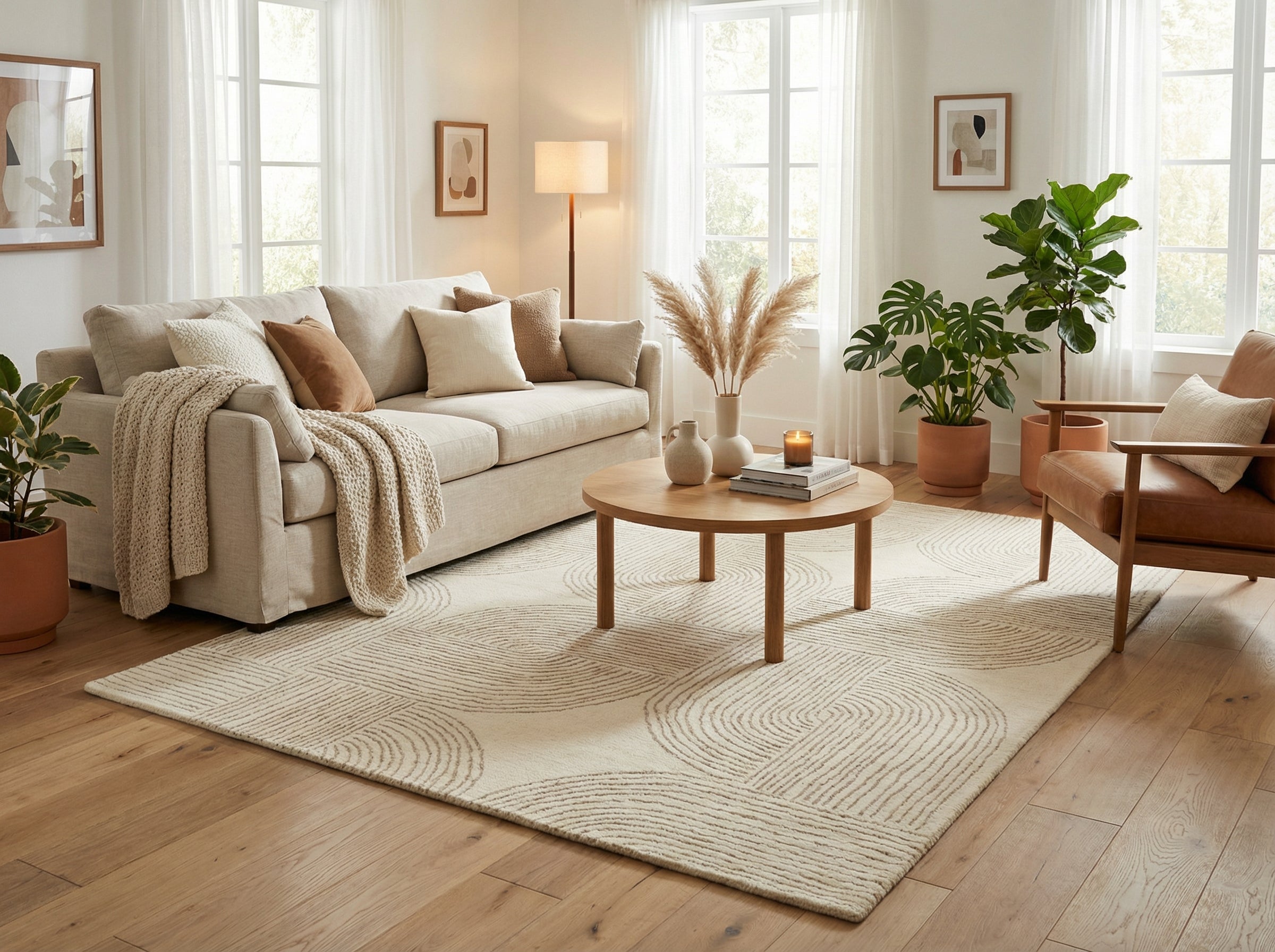 Style déco: minimaliste Ambiance: chaleureuse Pièce: salon Tapis beige rond en laine