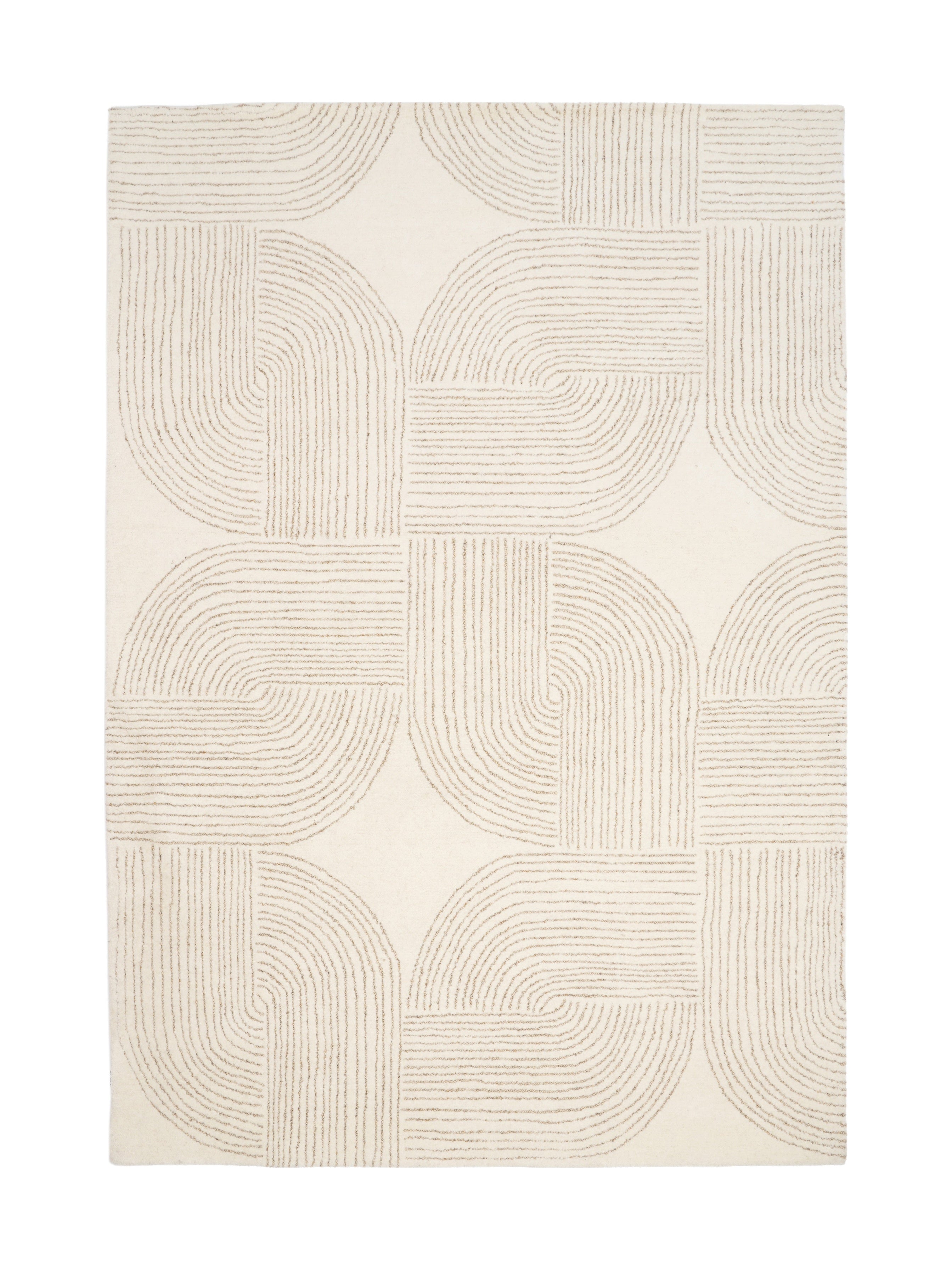 Tapis de type géométrique, motif abstrait. Couleurs beige et marron clair. Forme rectangulaire, pour une pièce