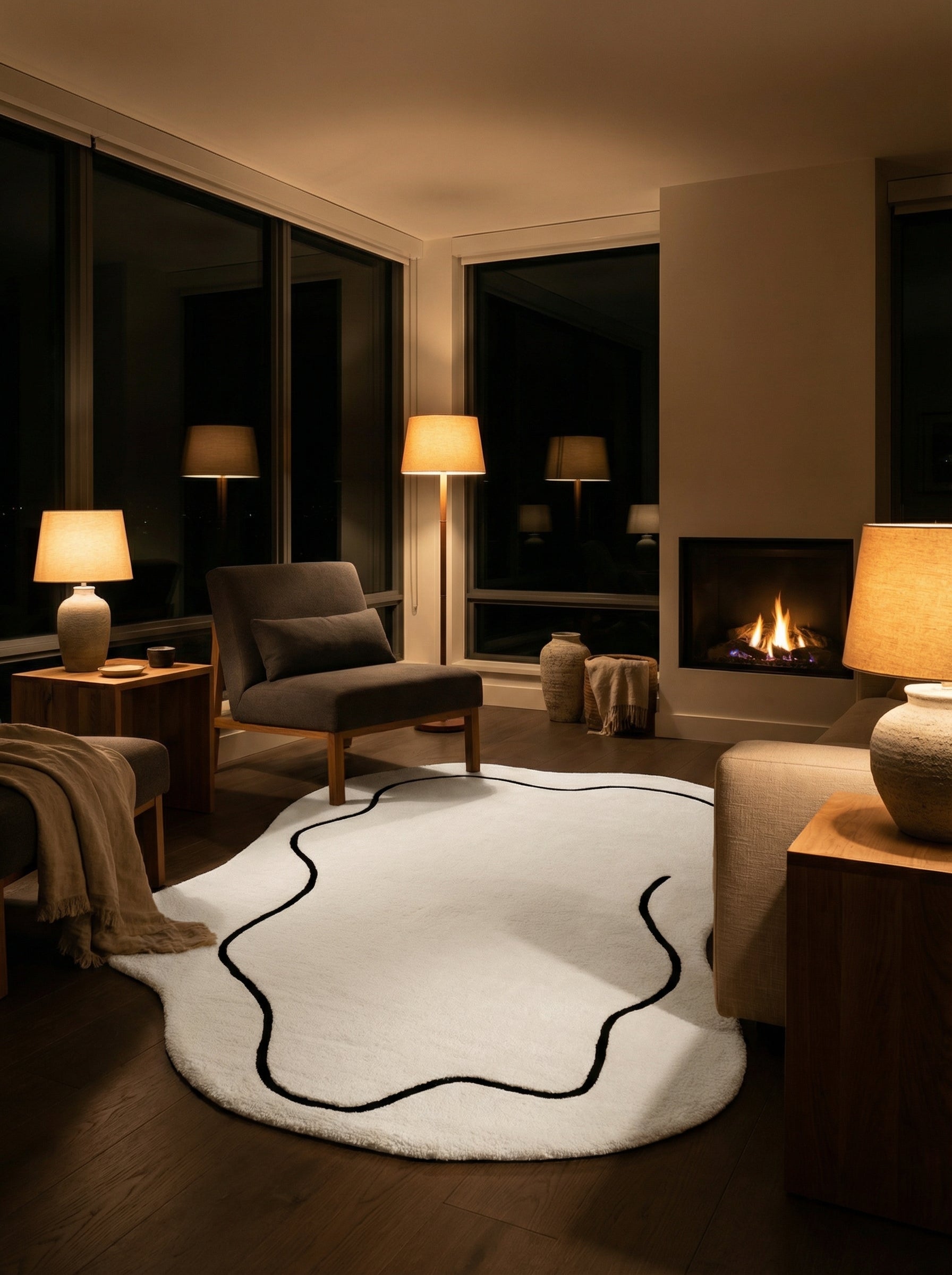 Tapis rond ivoire, pièce chaleureuse. Lumière douce, ambiance soir