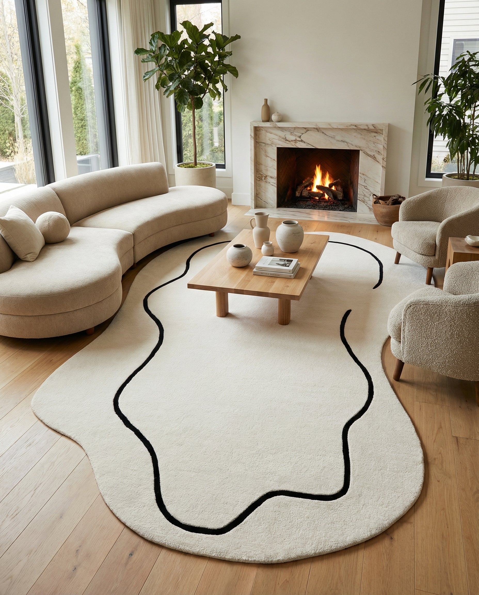Tapis ovale ivoire, bordure noire, pièce harmonieuse. Le type de tapis crée une harmonie avec la couleur de la pièce