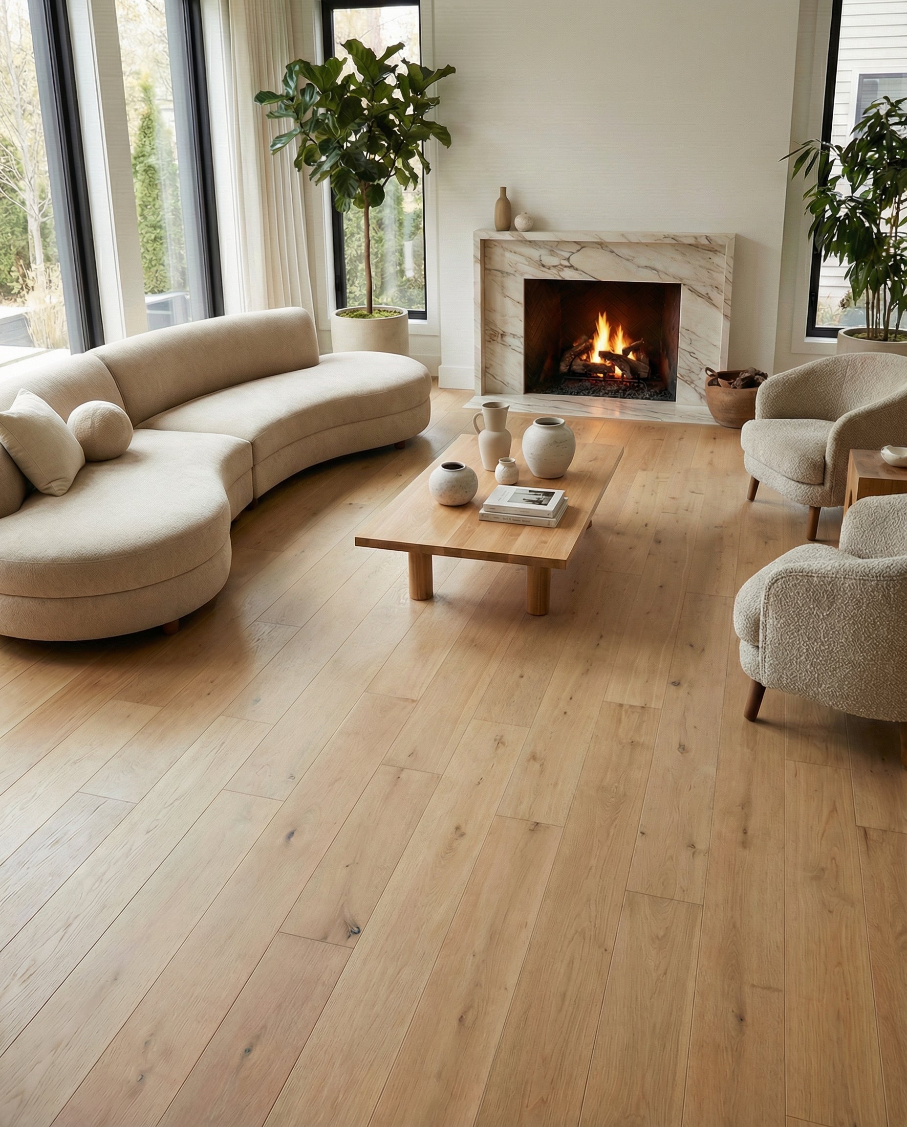 Pièce avec plancher de bois clair. Potentiel pour un tapis de type rond, couleur ivoire, en laine