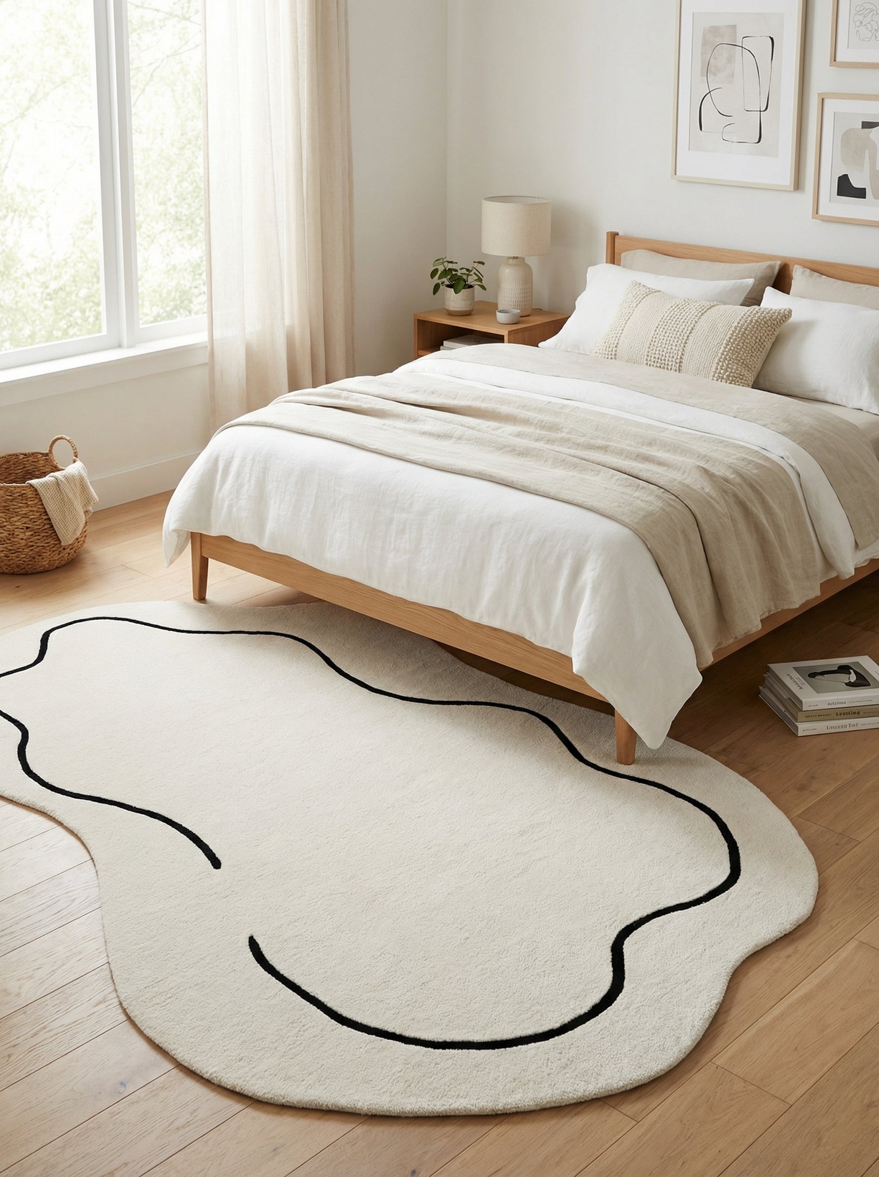 Tapis ovale ivoire à bordure noire dans une pièce apaisante. Ambiance zen