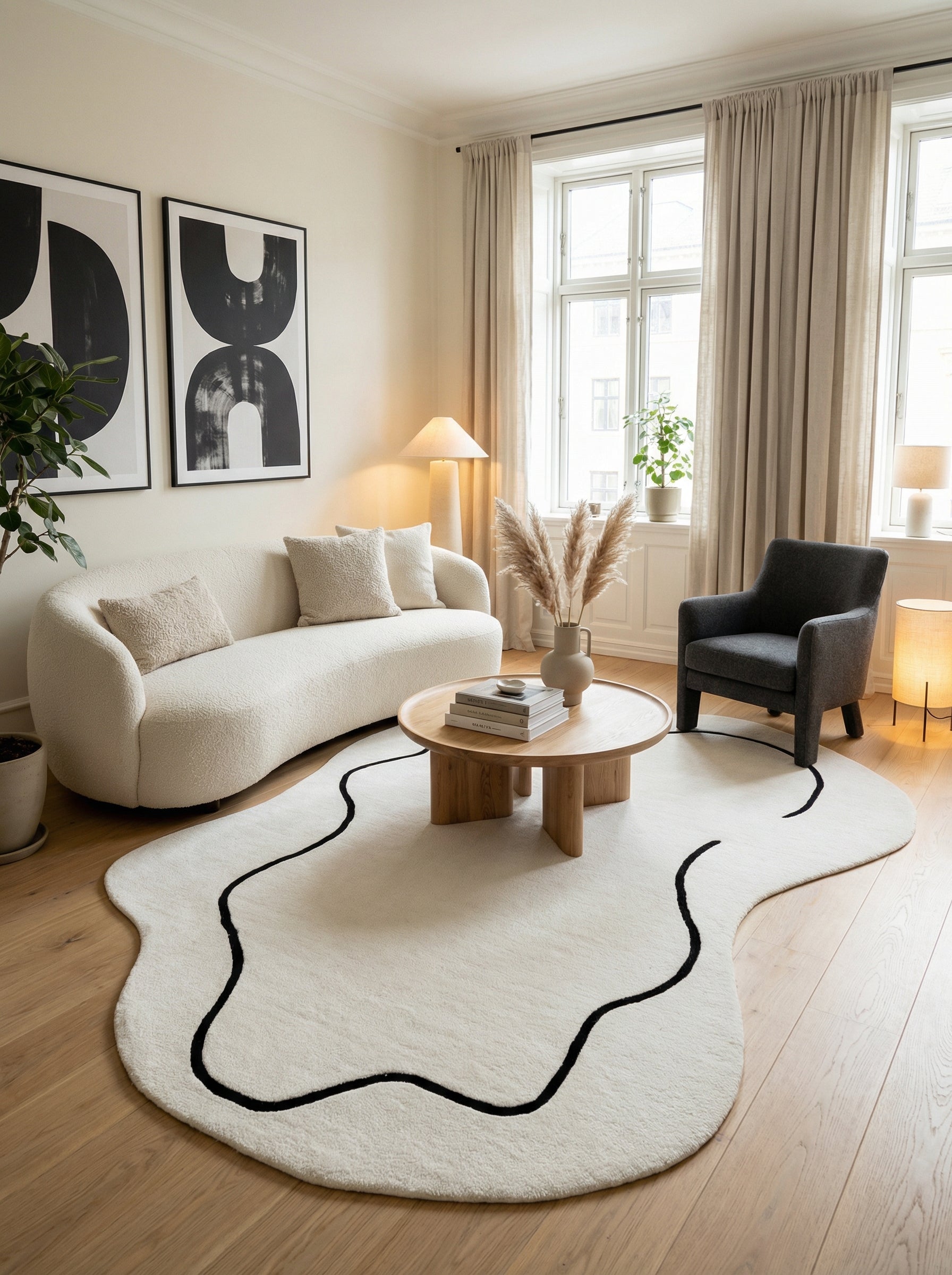 Tapis rond ivoire à design épuré, harmonie dans la pièce, ligne noire