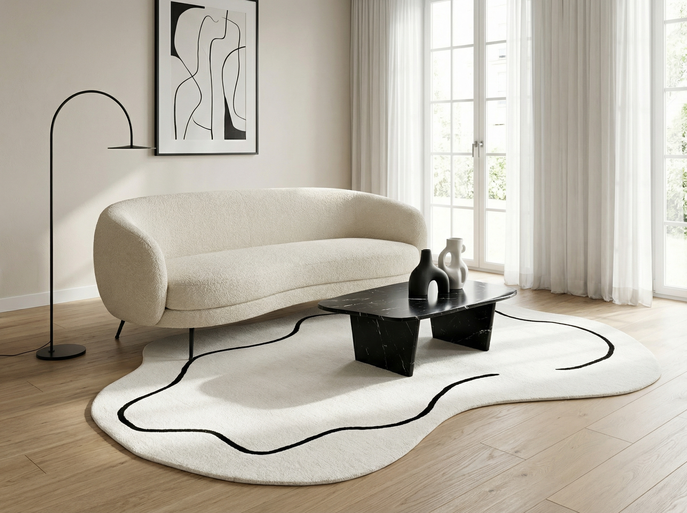 Style déco minimaliste. Ambiance lumineuse. Pièce avec canapé bouclé. Tapis ovale noir et blanc