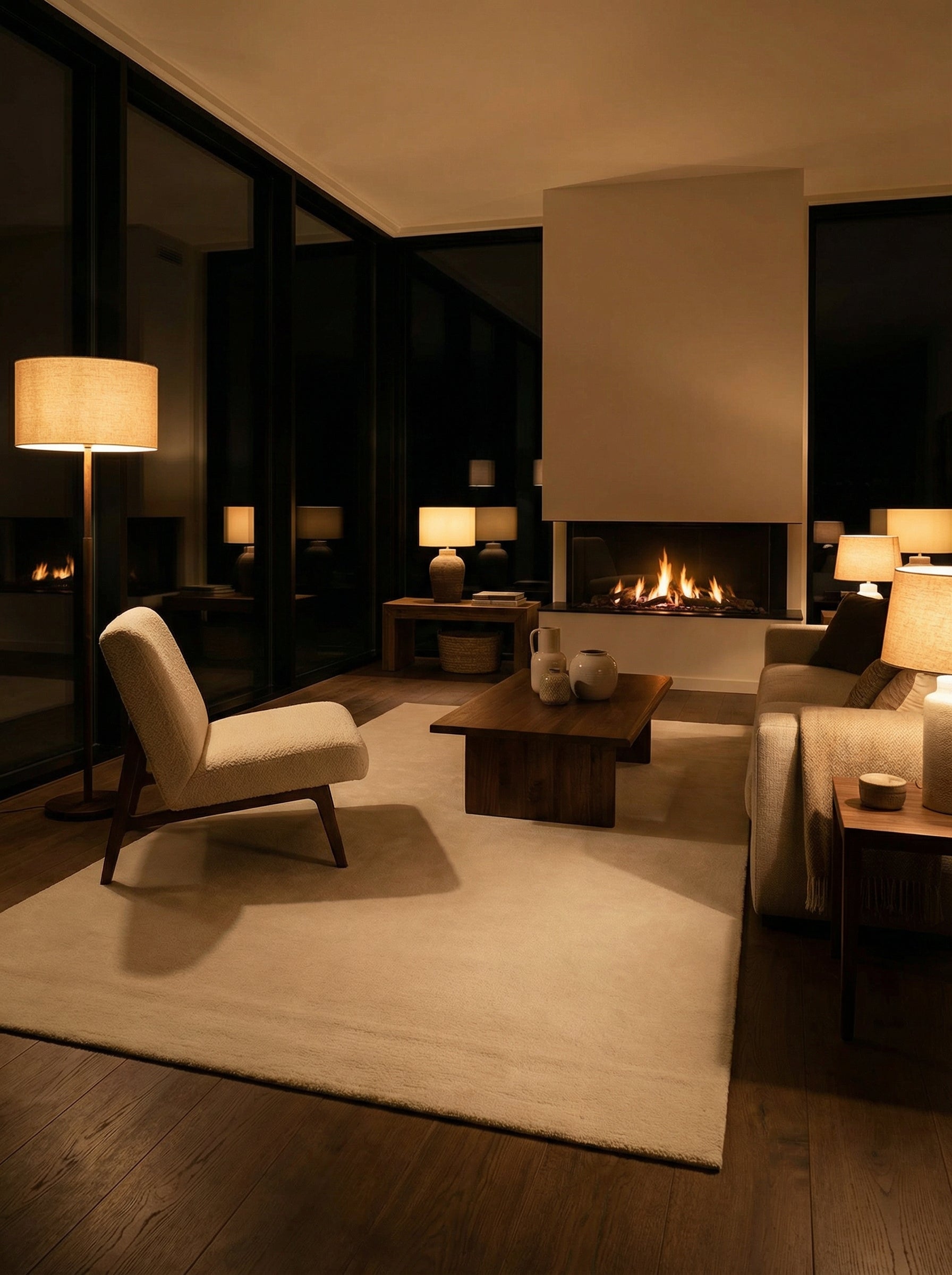 Tapis rectangulaire ivoire dans une pièce chaleureuse, lumière douce du soir