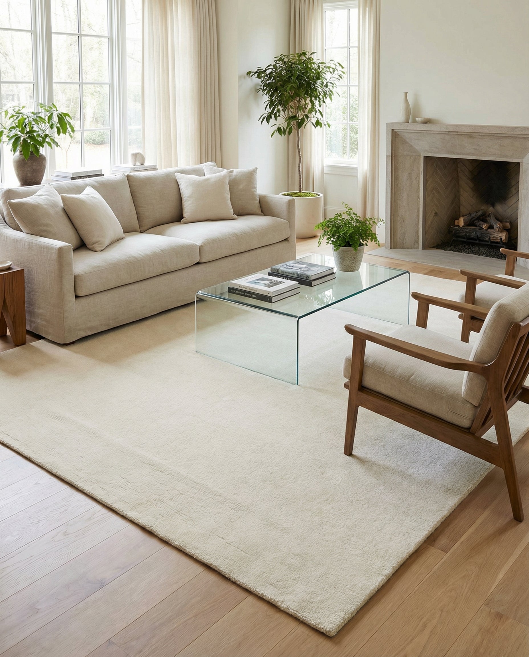 Tapis rectangulaire ivoire, pièce harmonieuse. La couleur claire crée une ambiance chaleureuse