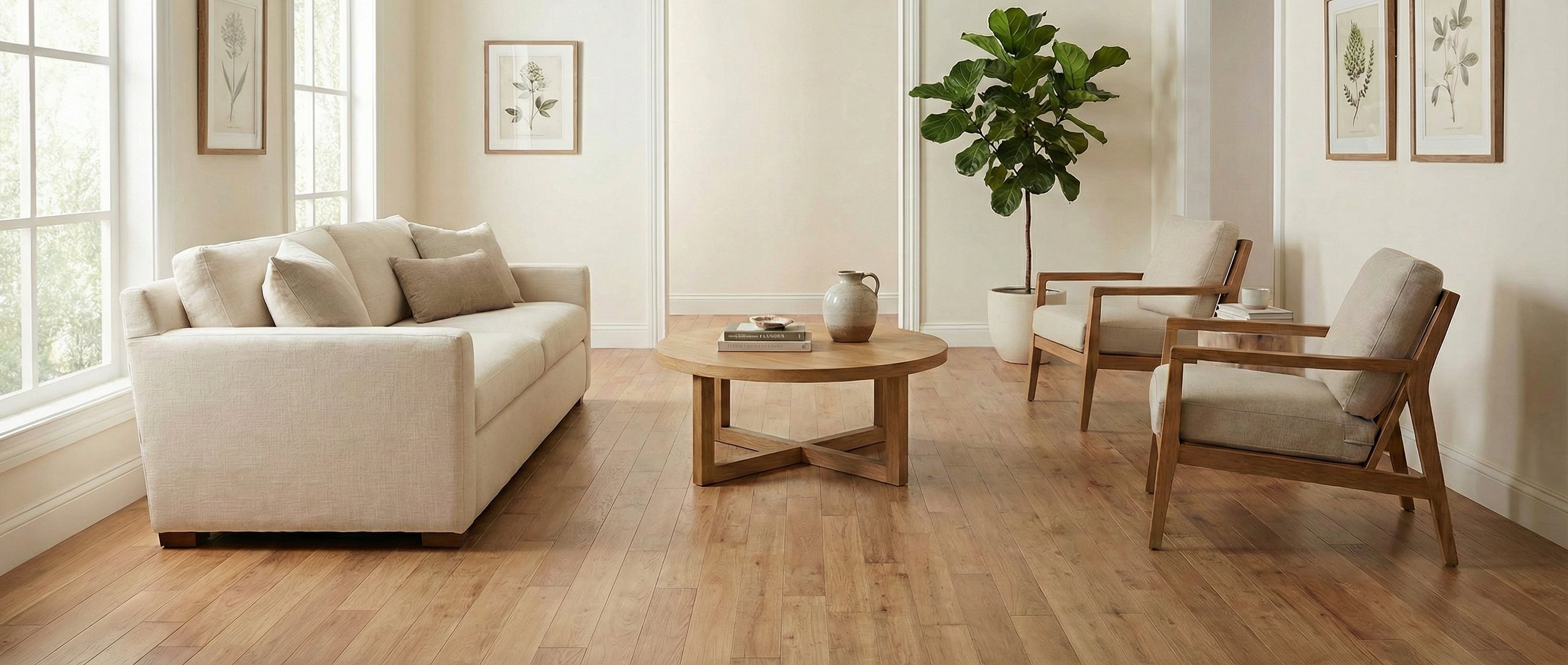 Pièce avec plancher de bois clair, canapé, fauteuils, table ronde. Espace à transformer pour un tapis de type laine