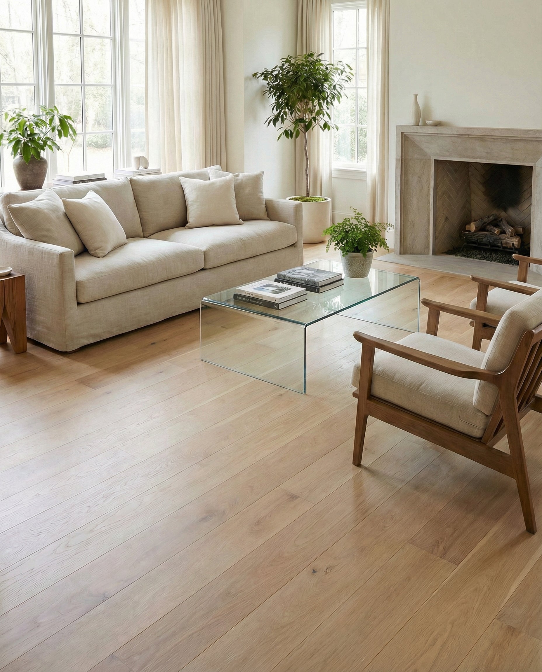 Pièce avec potentiel, plancher bois clair. Tapis rond ivoire serait parfait