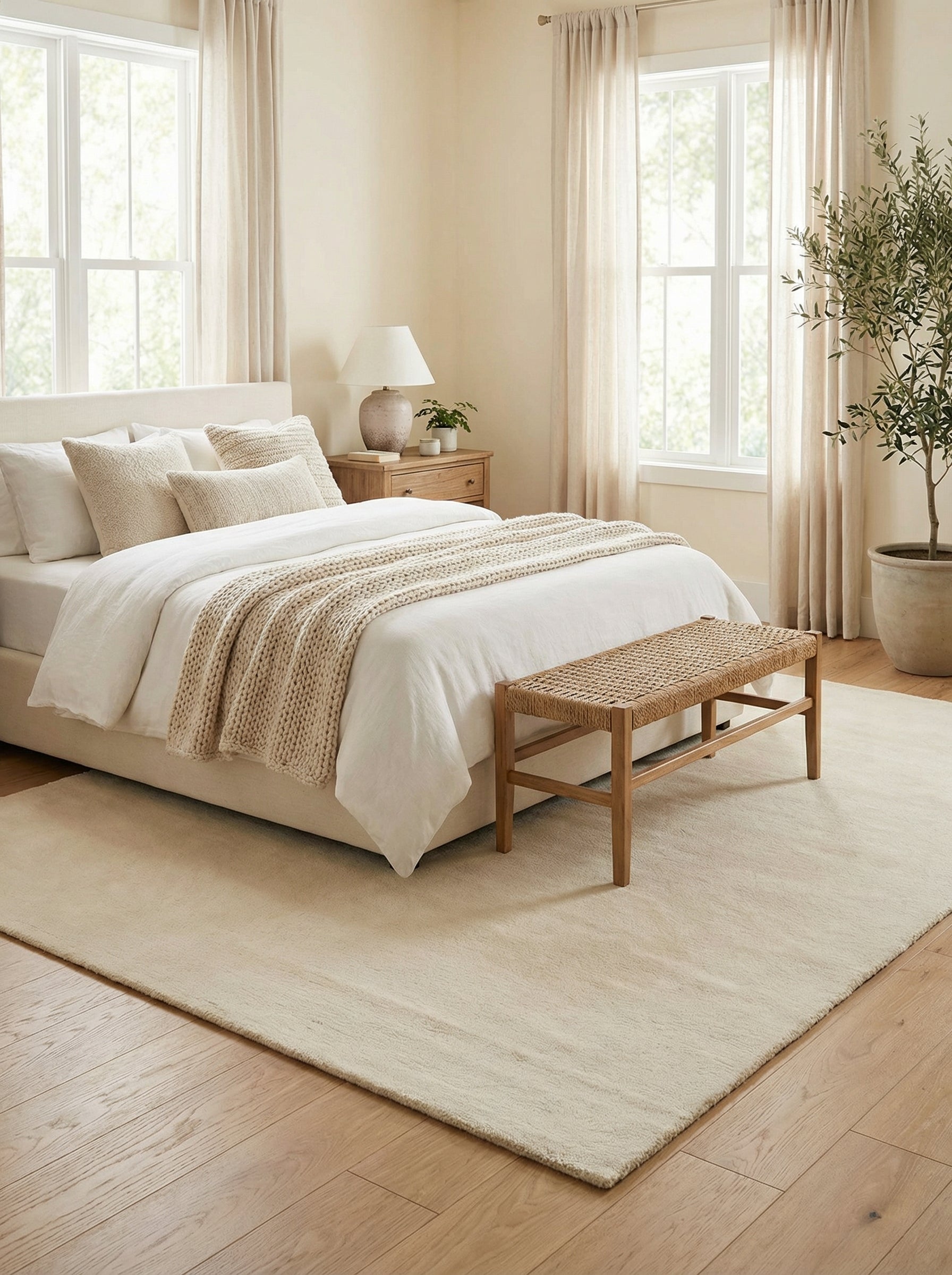 Tapis rectangulaire couleur ivoire ambre en laine dans une pièce. Ambiance apaisante