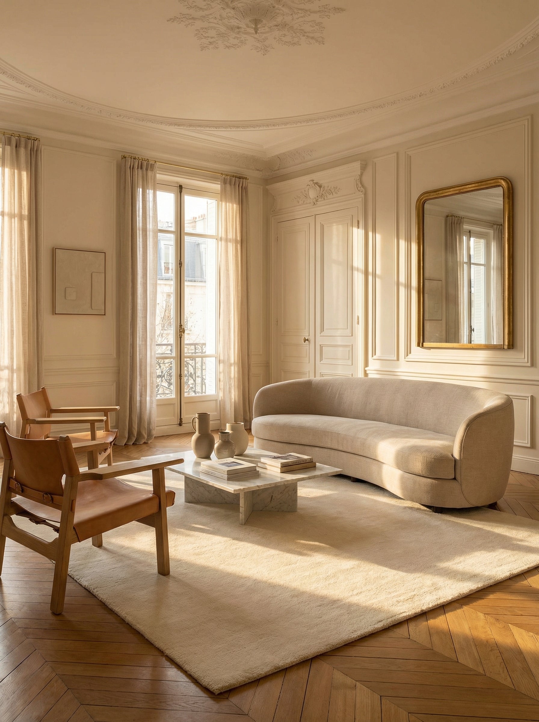 Tapis rectangulaire ivoire en laine, dans une pièce classique. Éléments haussmanniens, élégance intemporelle