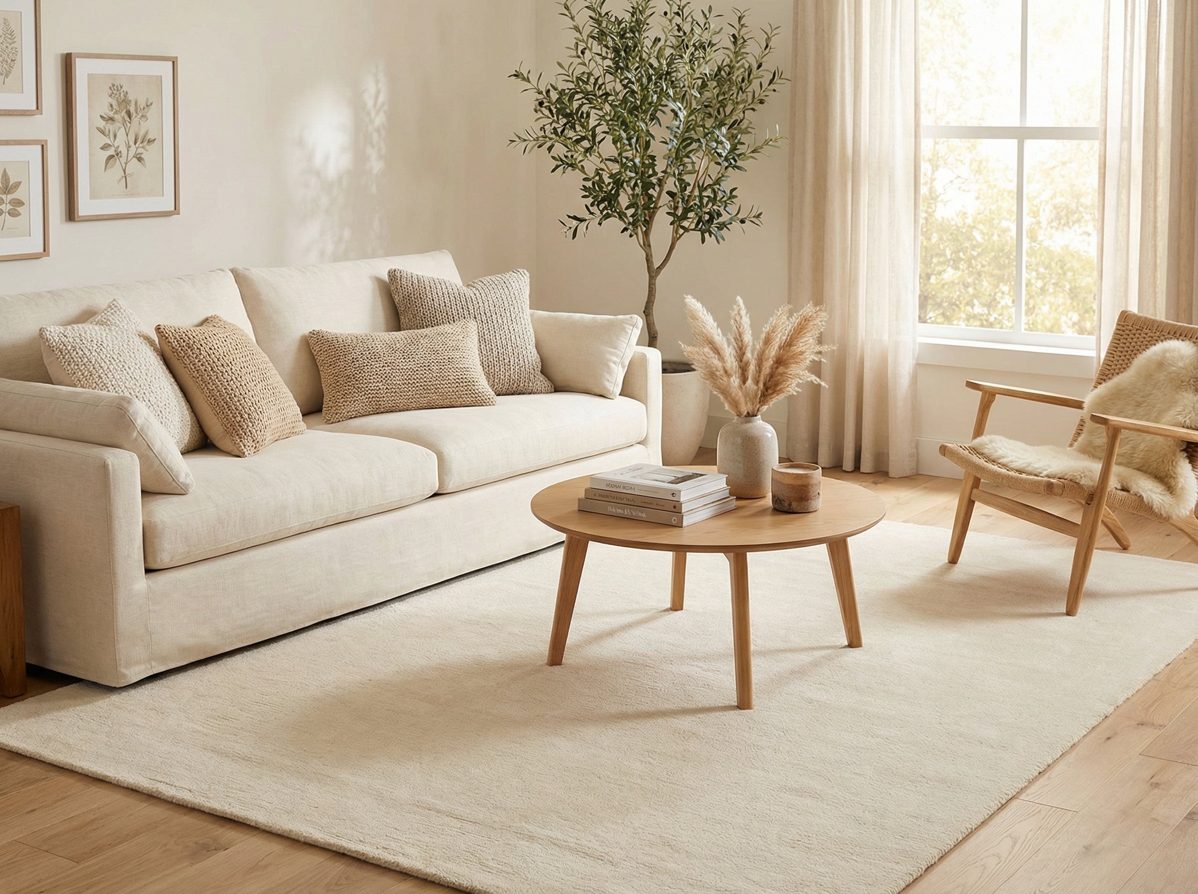 Style déco: bohème chic Ambiance: chaleureuse Pièce: salon Type tapis: rond Couleur: ivoire