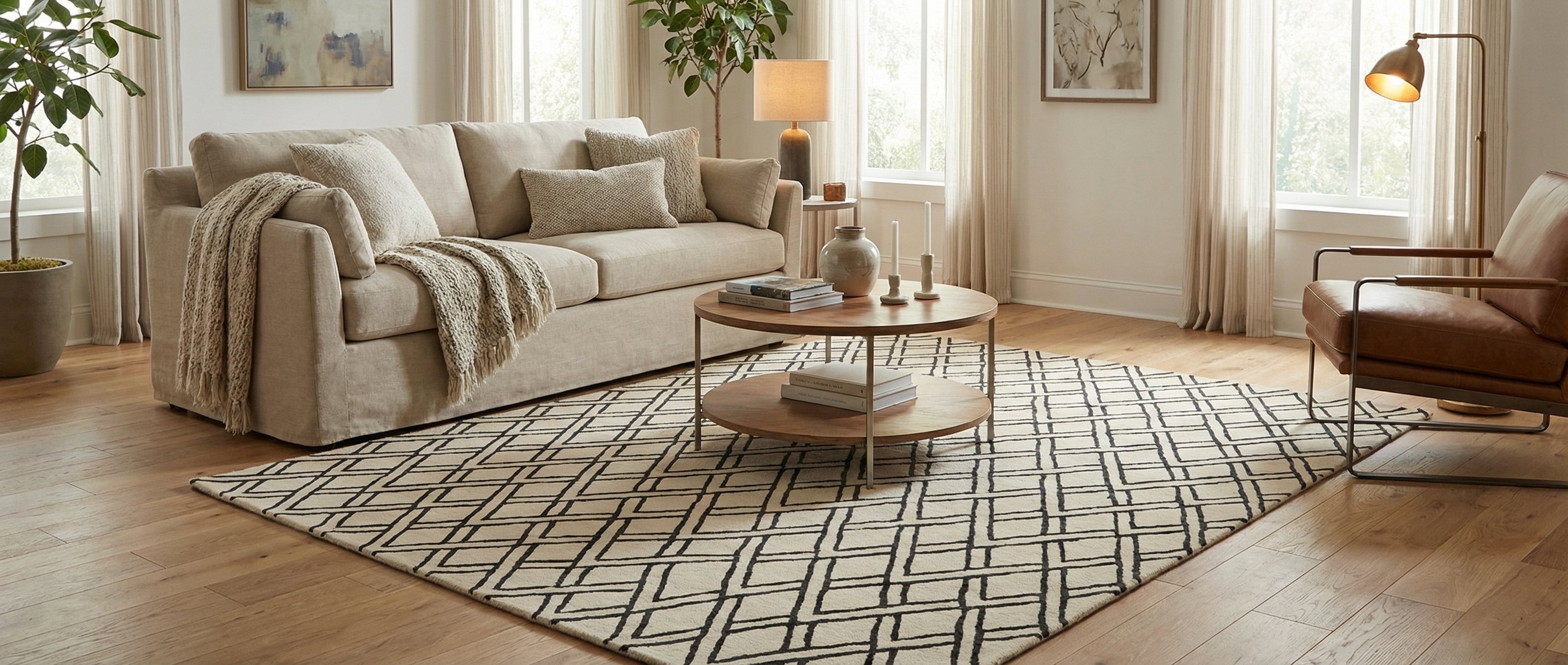 Le tapis rectangulaire noir et ivoire transforme la pièce, créant une harmonie avec le reste du décor et l'ambiance