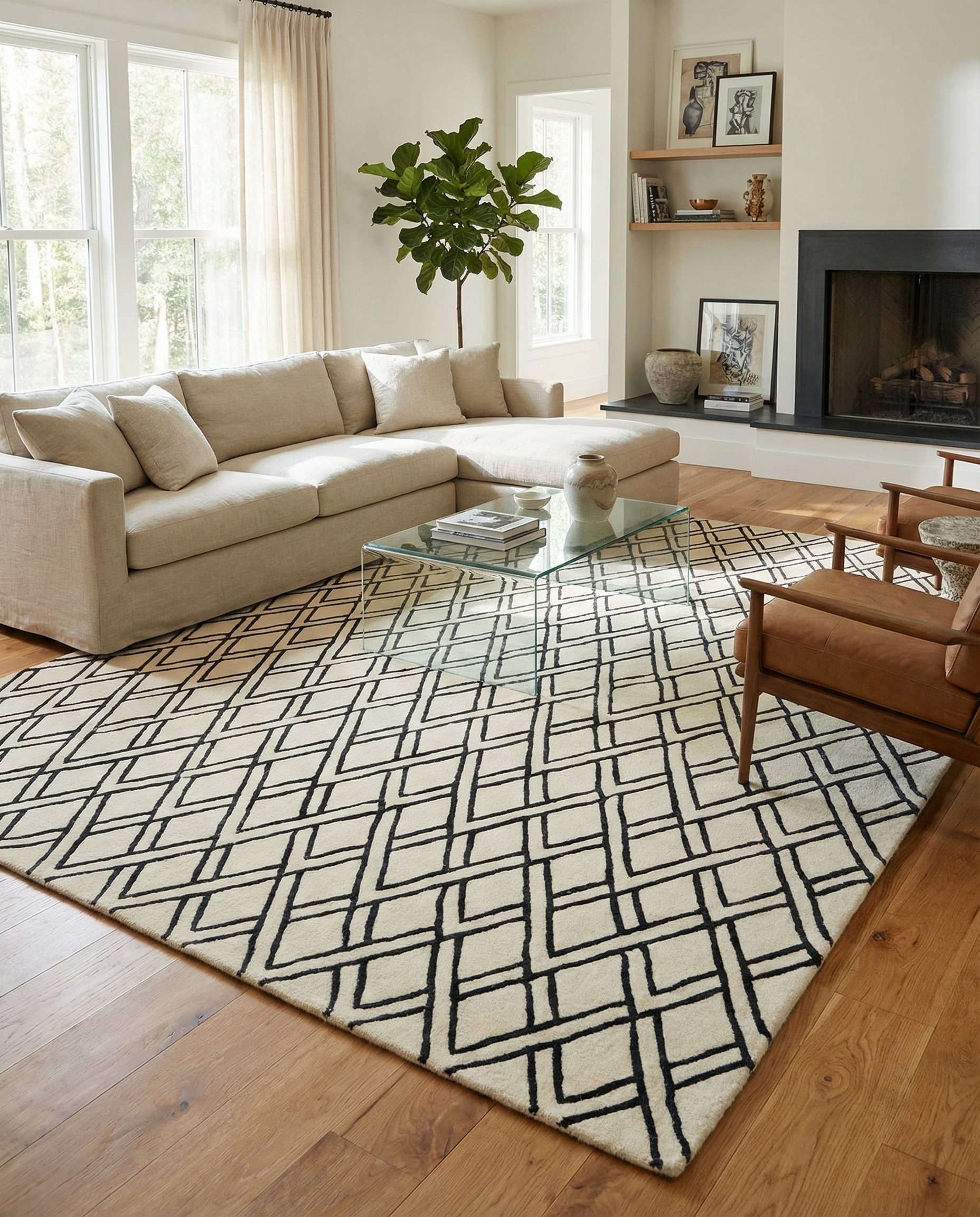 Tapis rectangulaire ivoire et noir, motif géométrique. Il illumine la pièce, ambiance chaleureuse et moderne