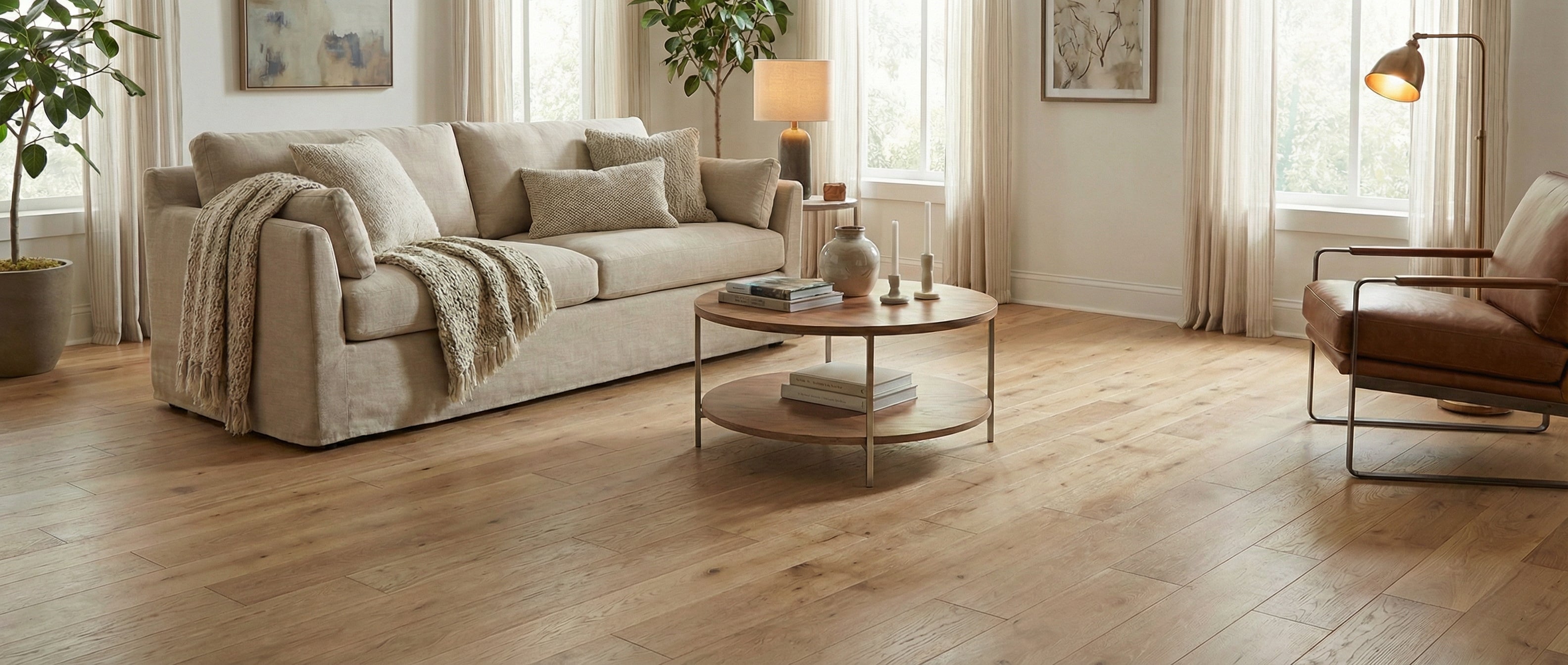 Pièce lumineuse avec plancher en bois clair. Canapé beige, fauteuil cuir, table ronde. Espace vide pour un tapis,