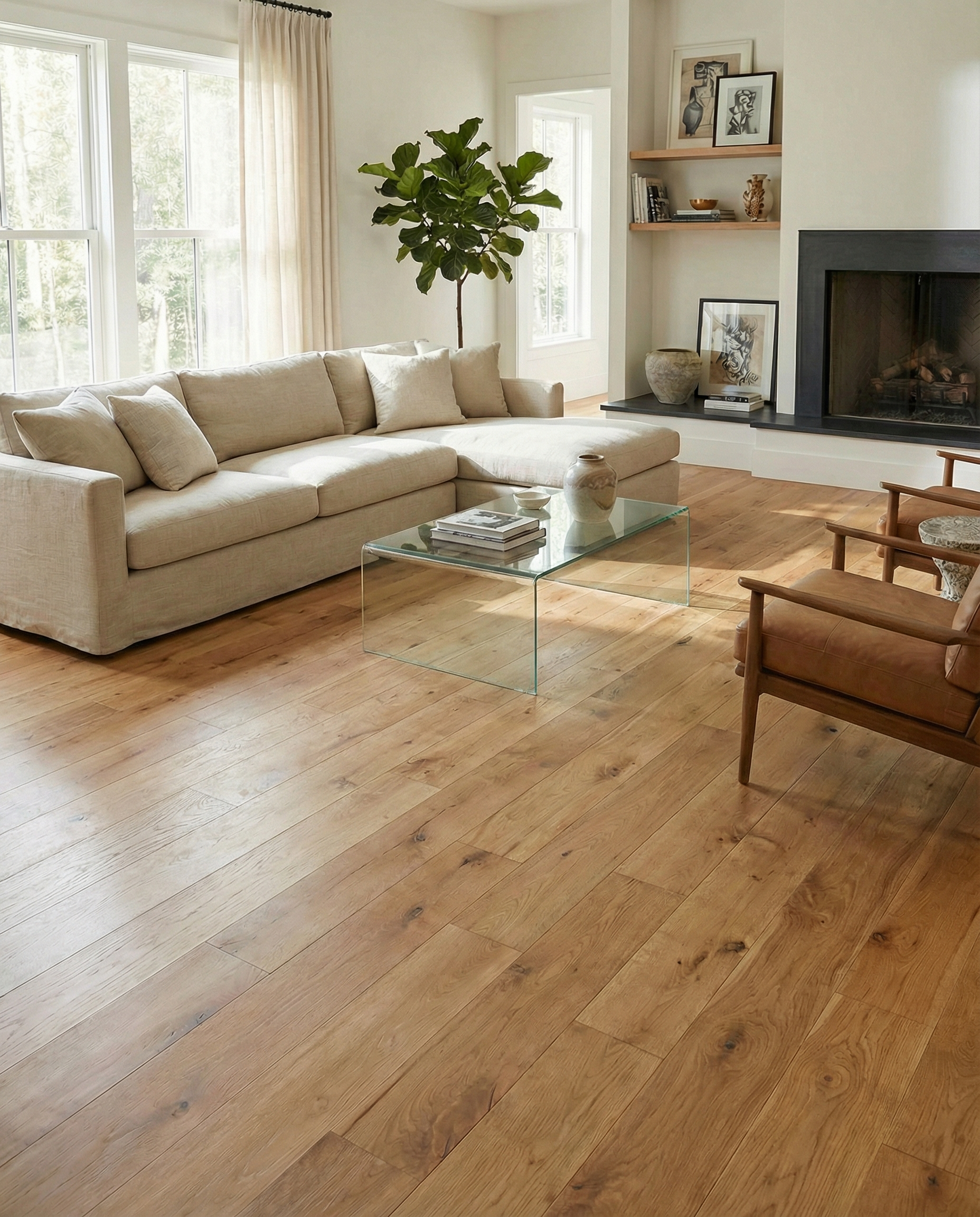 Pièce lumineuse avec parquet clair, canapé, fauteuils en cuir et cheminée. Espace à transformer