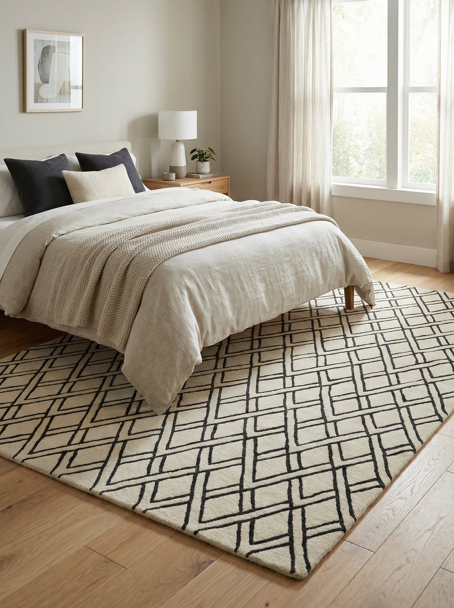 Tapis rectangulaire ivoire et noir dans une chambre. Harmonie et style épuré, ambiance zen