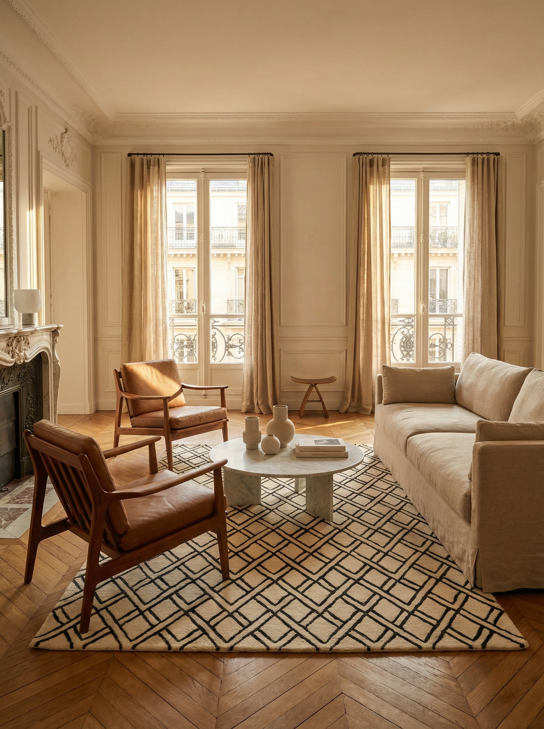 Tapis rectangulaire ivoire et noir, motif géométrique, dans un salon élégant au style classique