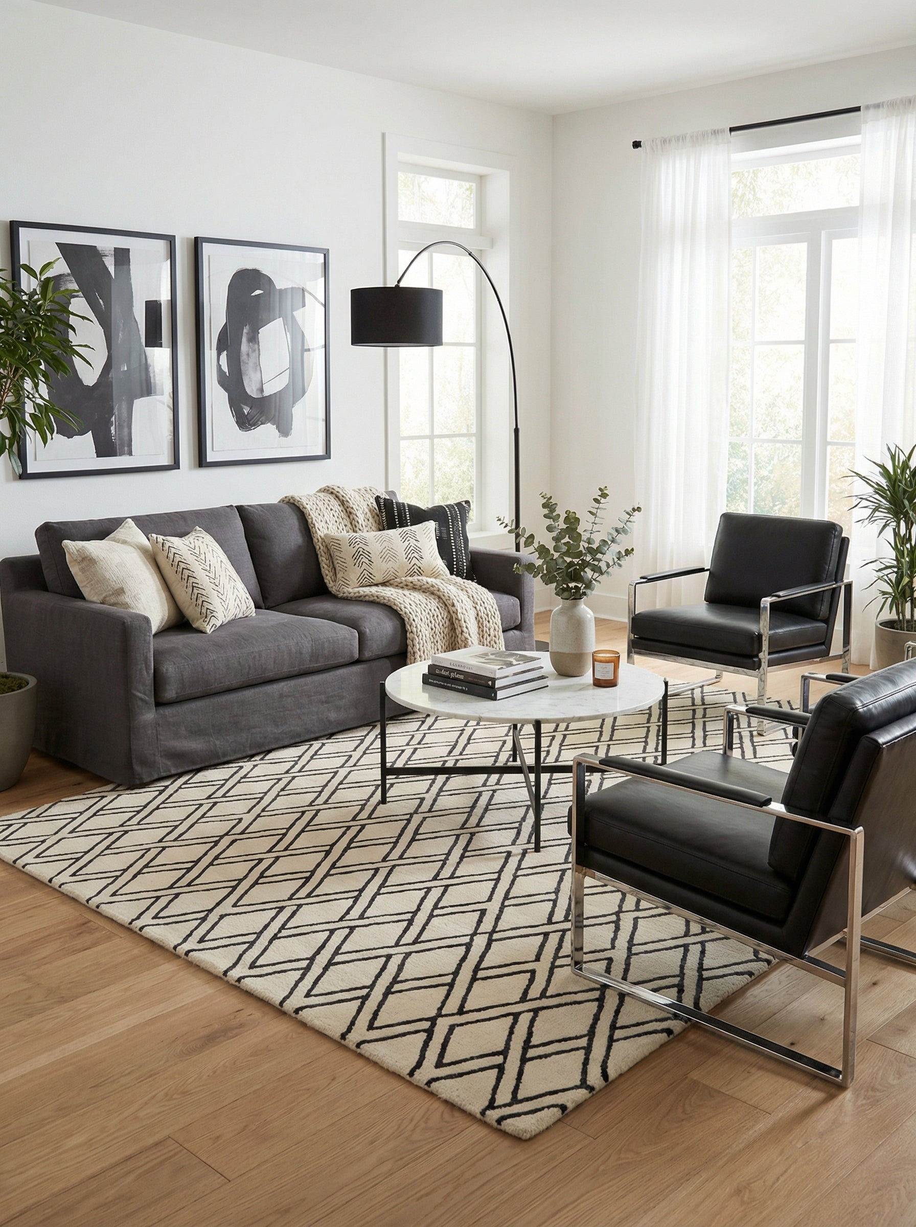 Tapis rectangulaire au design épuré en noir et ivoire. Style contemporain pour ce salon